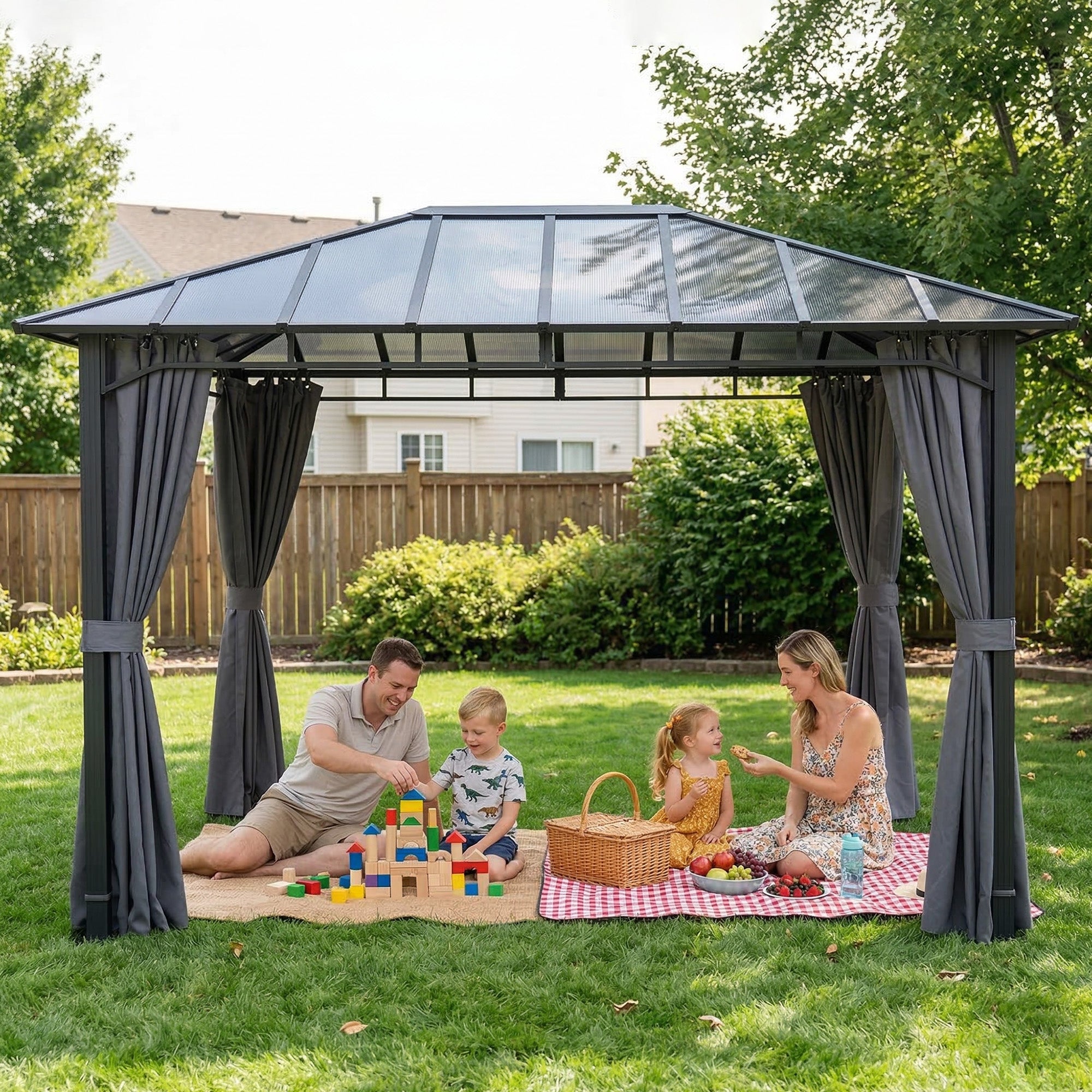 3 x 4 m Outdoor Hardtop Gazebo Canopy with PC Roof, Aluminium Permanent Pavilion Garden Gazebo with Curtains, Dark Grey