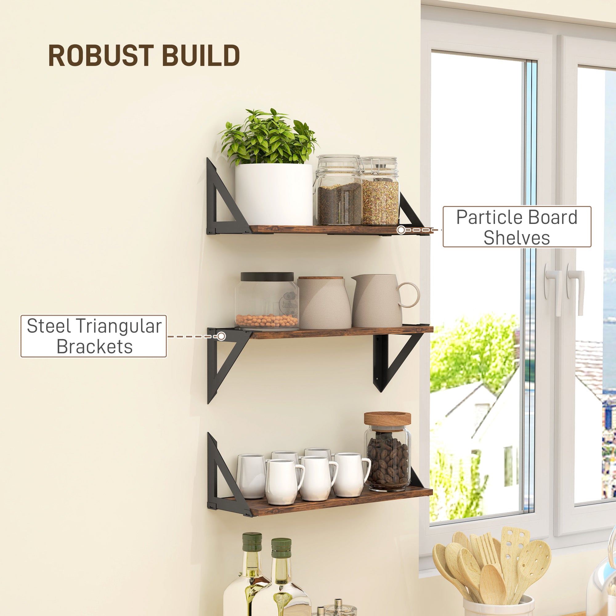 Set of 3 Vintage Wall Mounted Floating Shelves for Living Room, Entryway, Bedroom - Rustic Brown