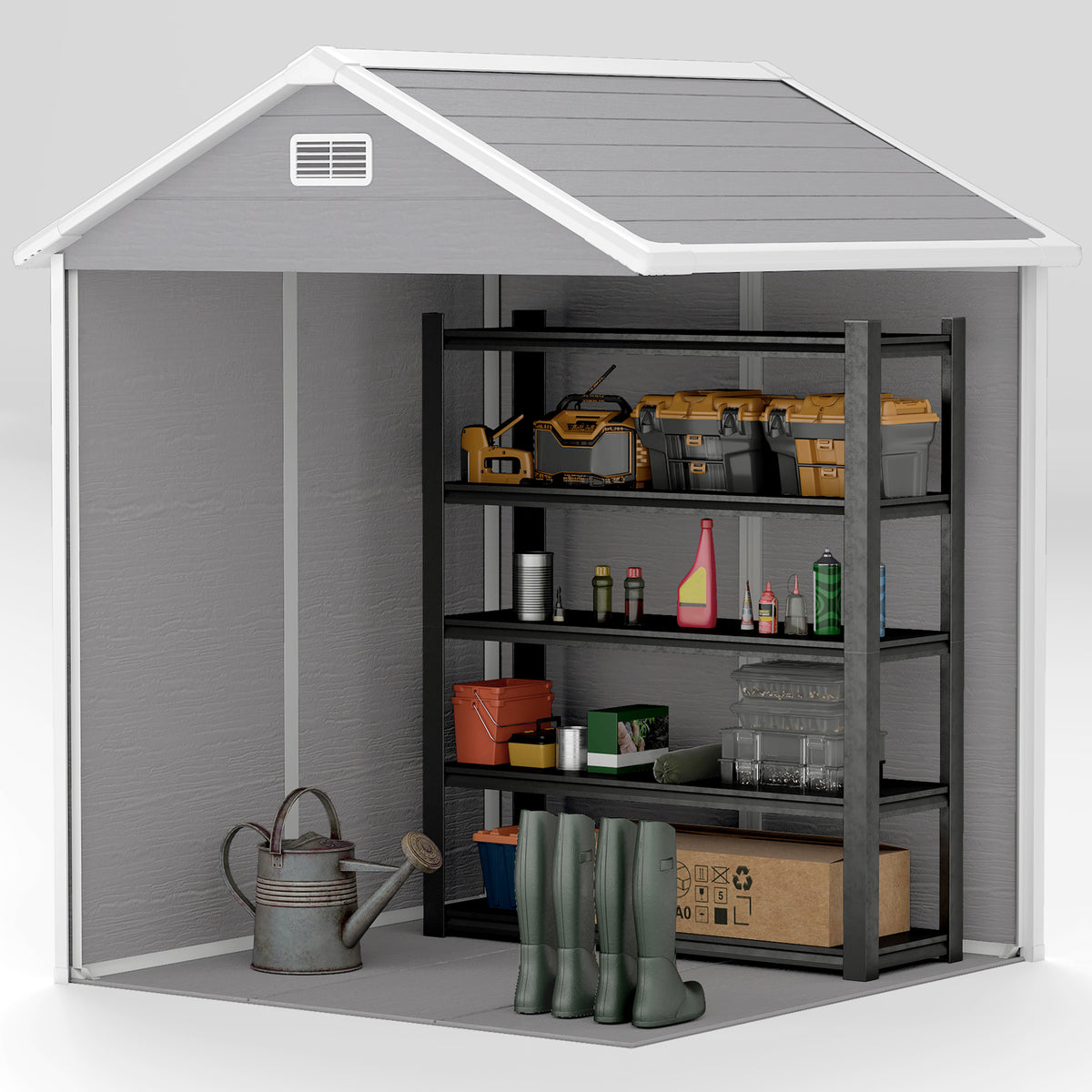 6 x 5ft Plastic Garden Shed with Floor, Window, Lockable Doors & Vents - Dark Grey