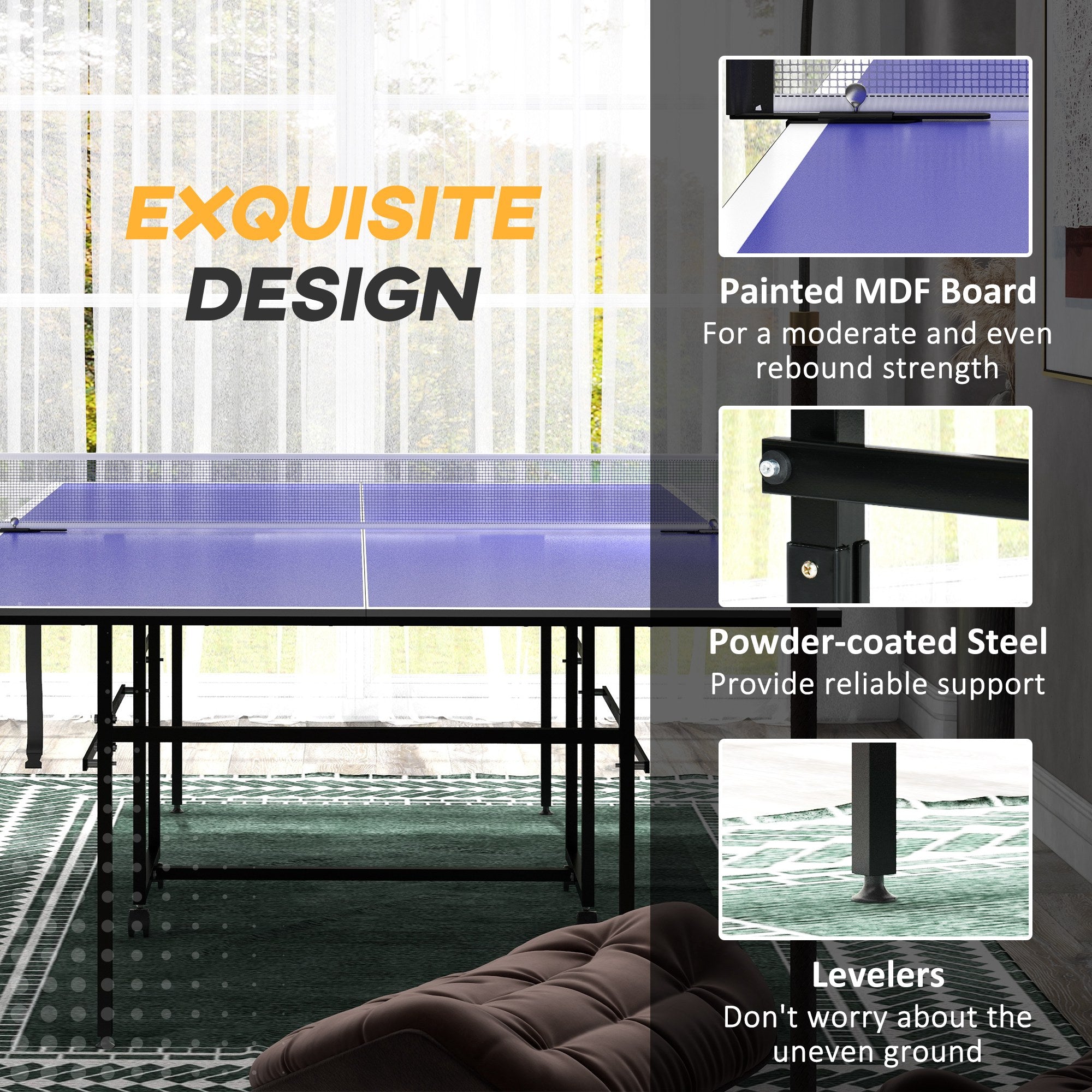 9FT Folding Table Tennis Table with 4 Wheels, for Indoor Use, Blue