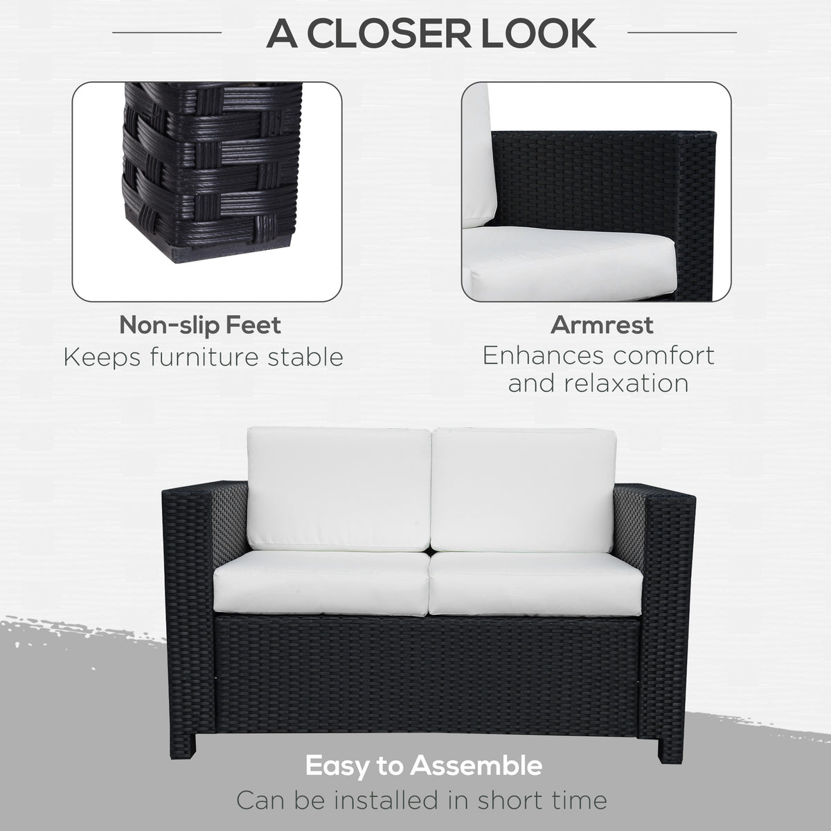 2 Seater Rattan Garden Loveseat with Cushions - Black