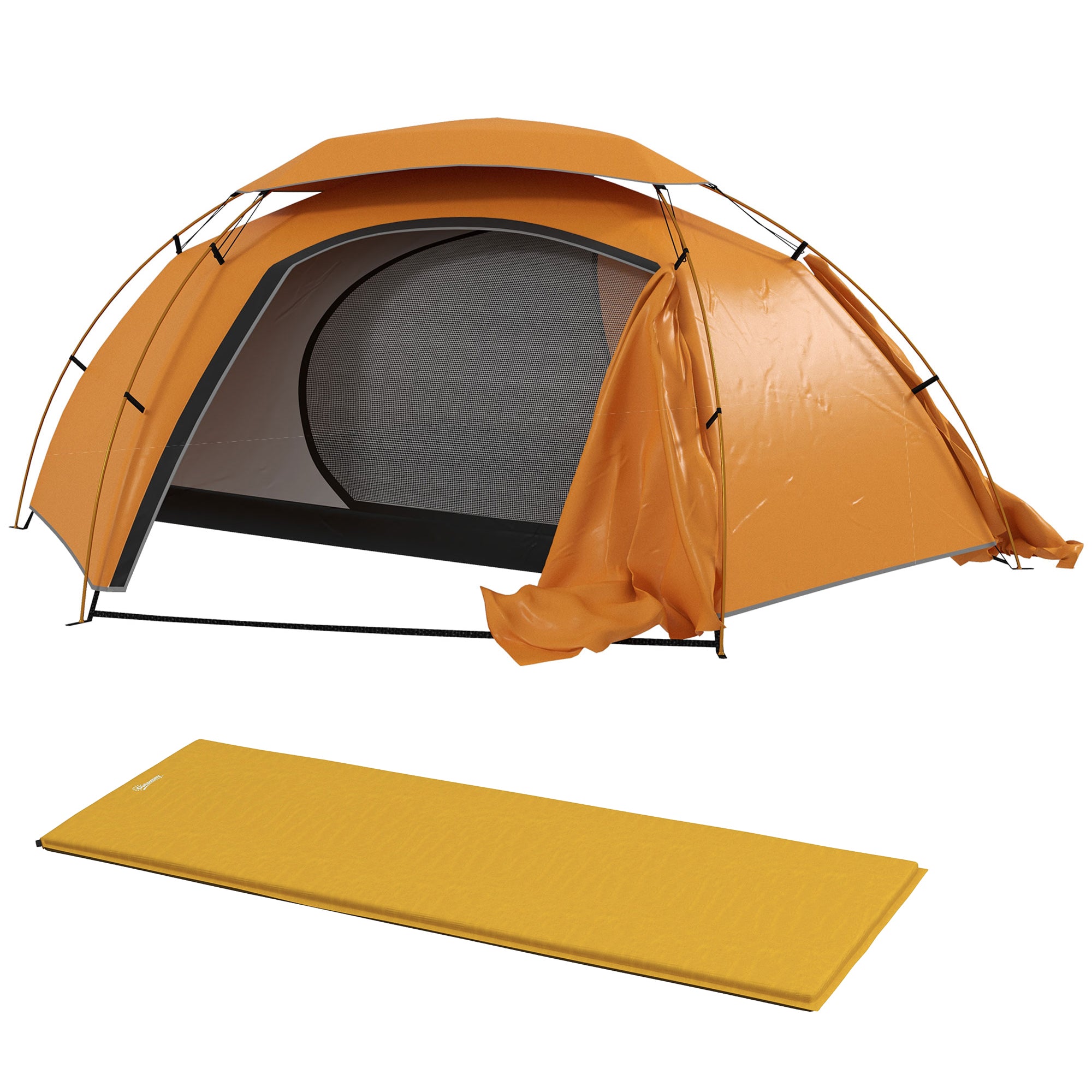 Camping Tent with Self Inflatable Mattress, 1 Person Dome Tent with Removable Rainfly and Aluminium Frame, 2000mm Waterproof, Portable with Bags, for Fishing Hiking, Orange/Khaki