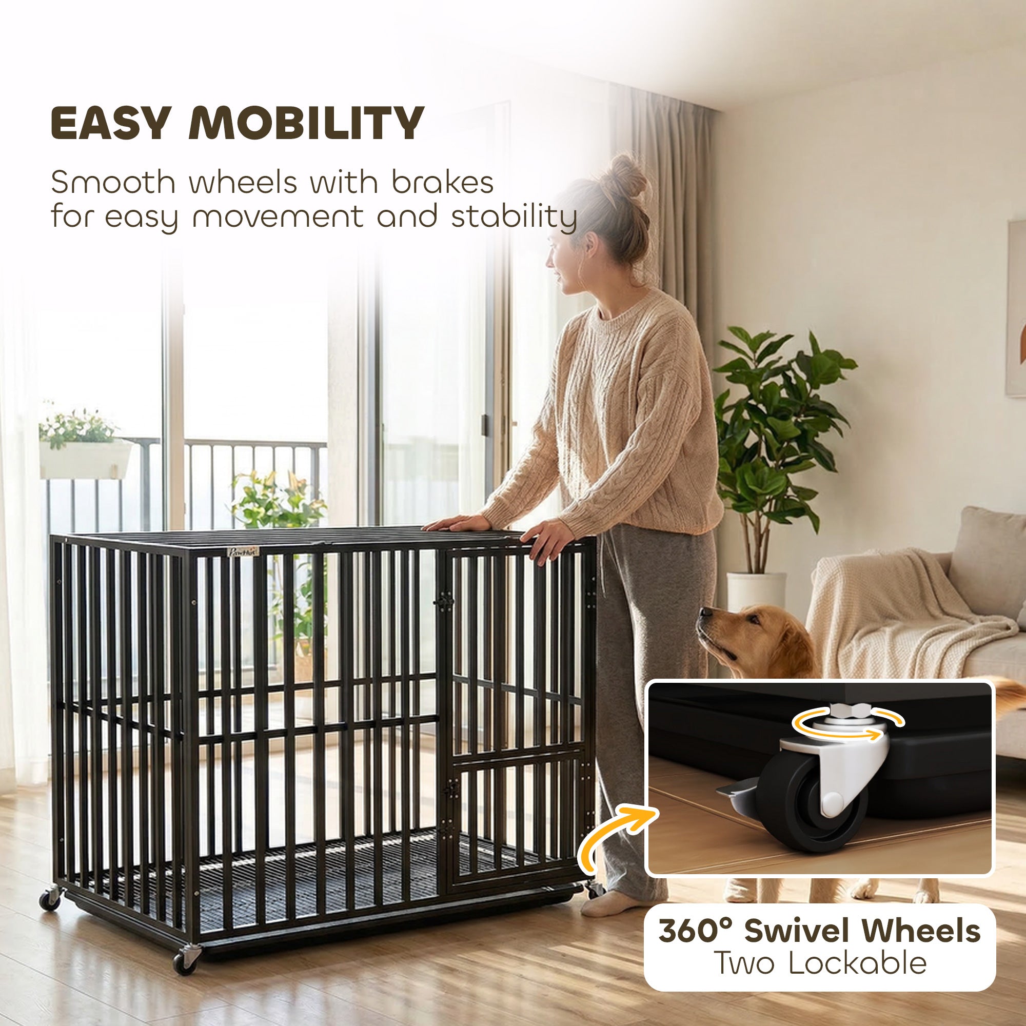 Heavy Duty Dog Crate, Dog Cage with Wheels for Medium Large Breeds with Removable Tray, Black