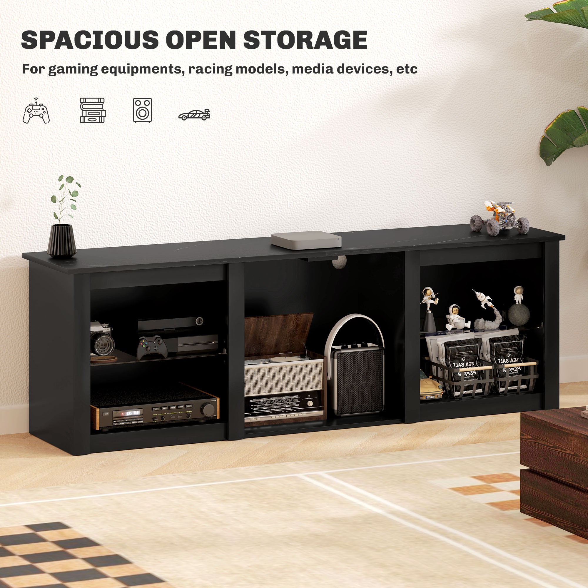 65" TV Stand, with LED Lights and Storage - Black