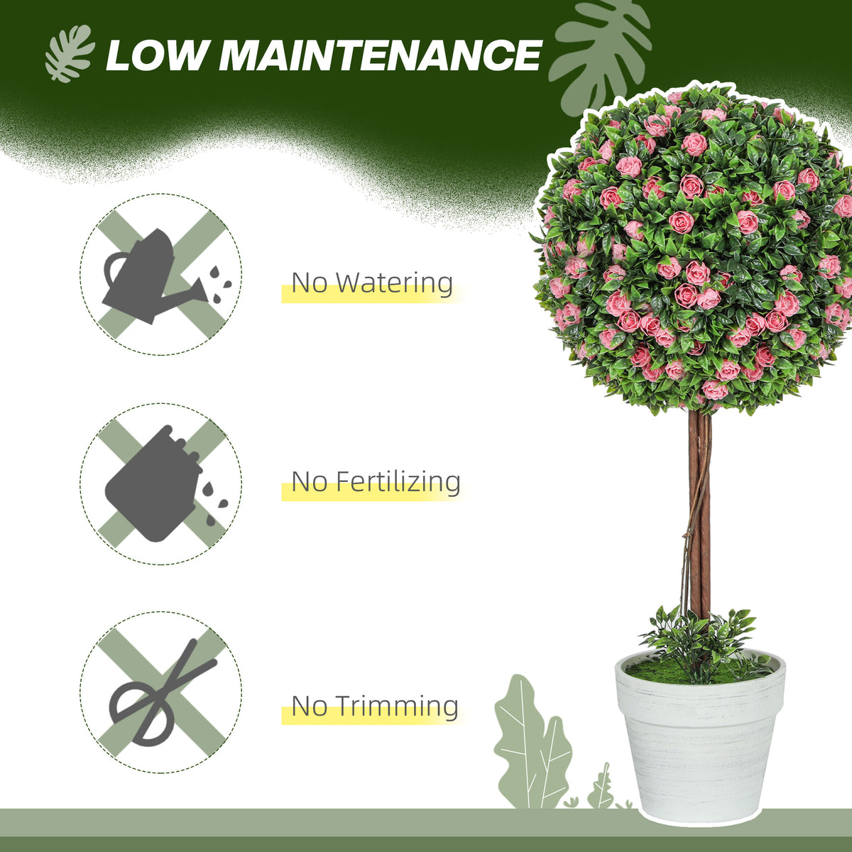Set of 2 Decorative 60cm Ball Topiary Rose Artificial Plants in Pots - Pink