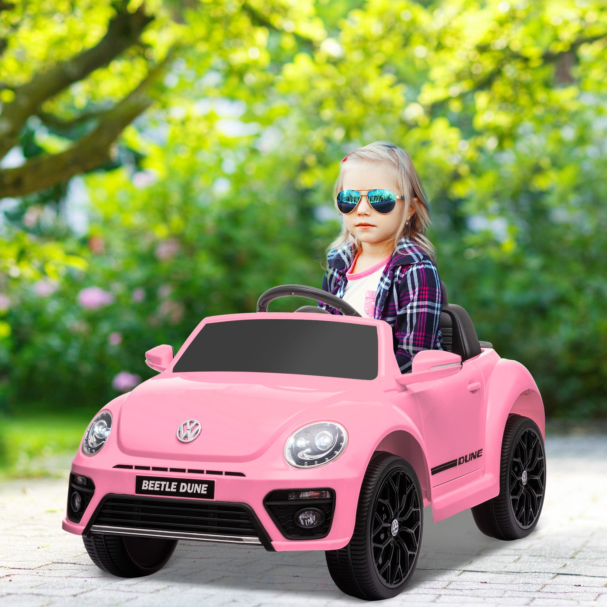 Volkswagen Beetle Licensed 12V Ride on Car w/ Remote Control, Suspension Wheels, Soft Start, Lights, Music, Pink