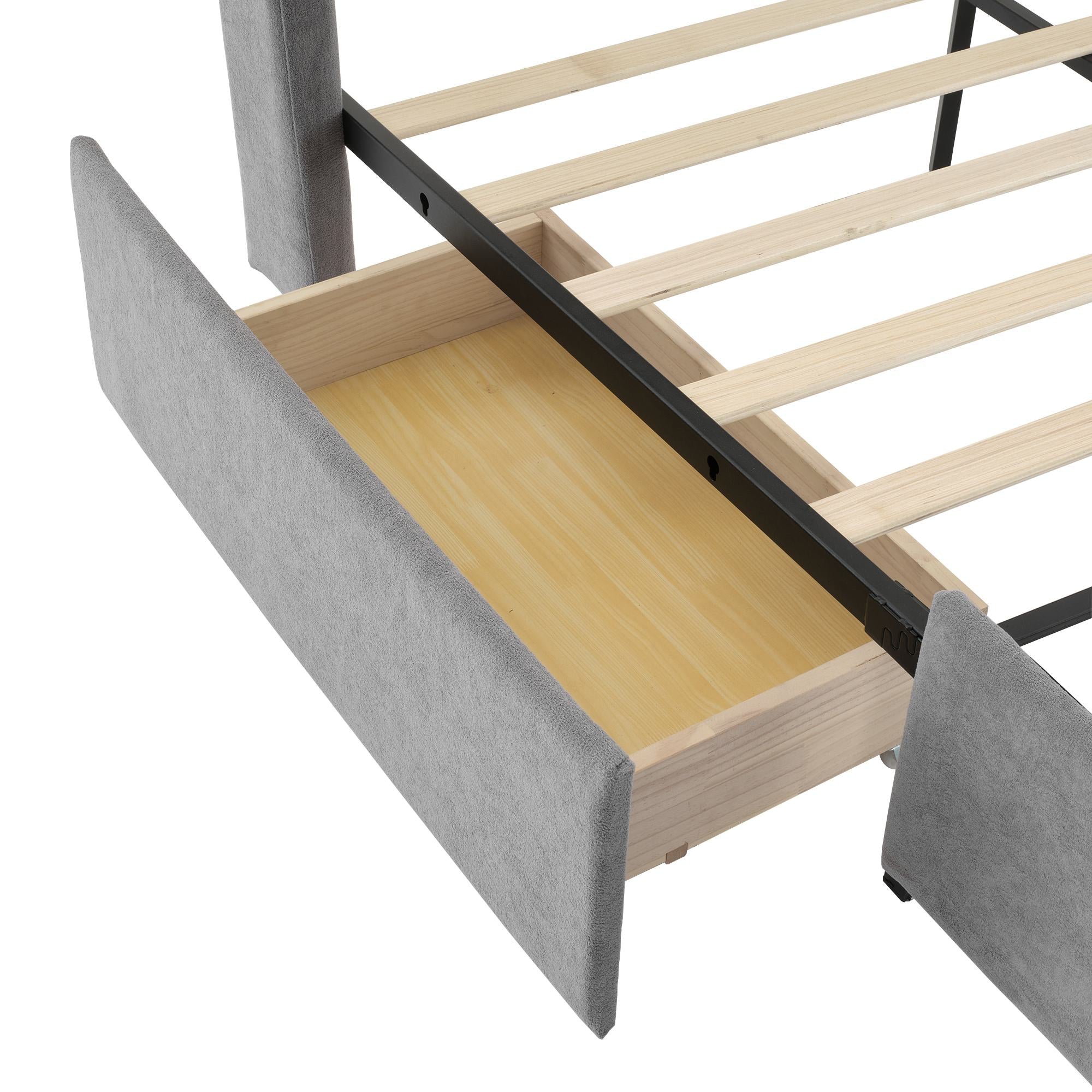 Upholstered Storage Bed with 4 Drawers and Soft Backrest - Gray