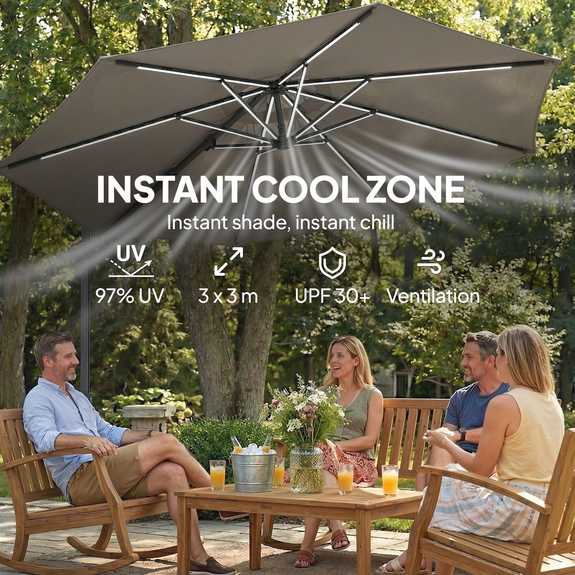 3 m Garden Cantilever Parasol with LED Solar Light, Round Overhanging Umbrella with 360° Rotation, Cover, Grey