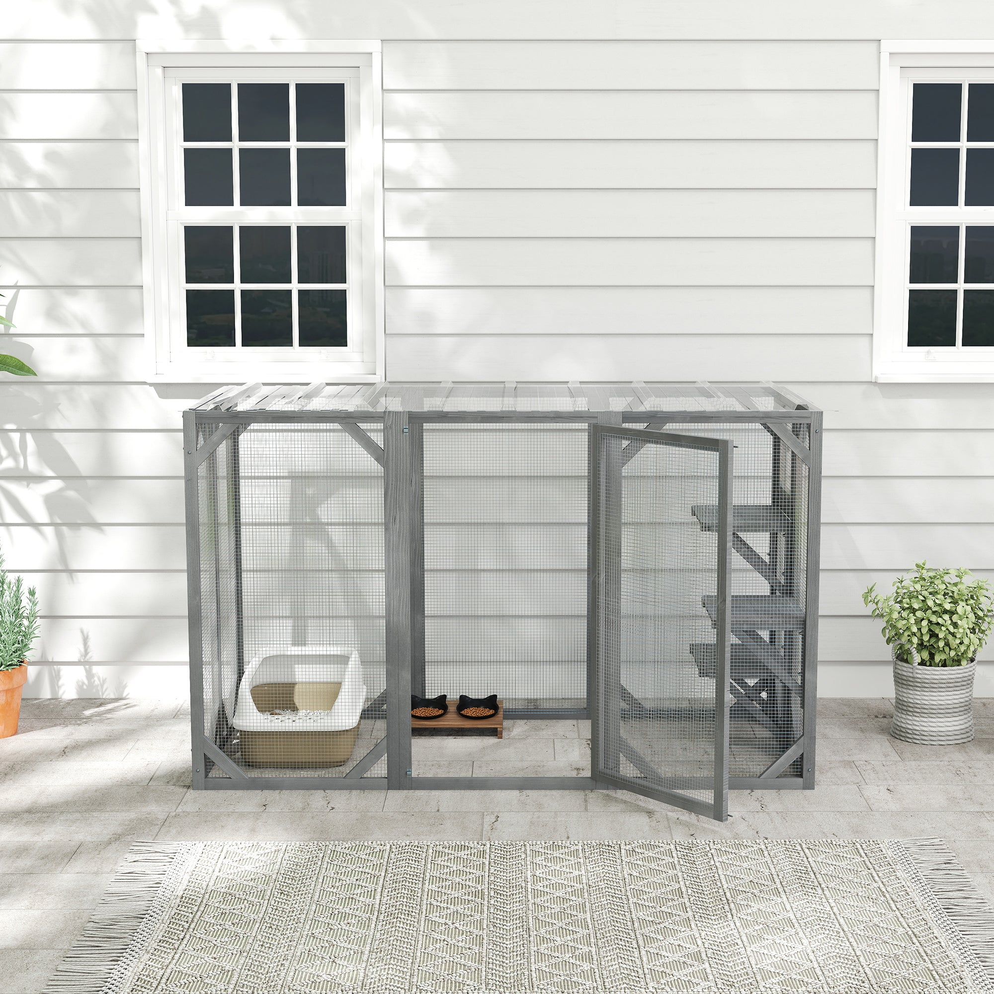 71" Outdoor Wooden Cat House with Three Platforms, Large Door, Water-Resistant Roof, for Multiple Cats, Grey