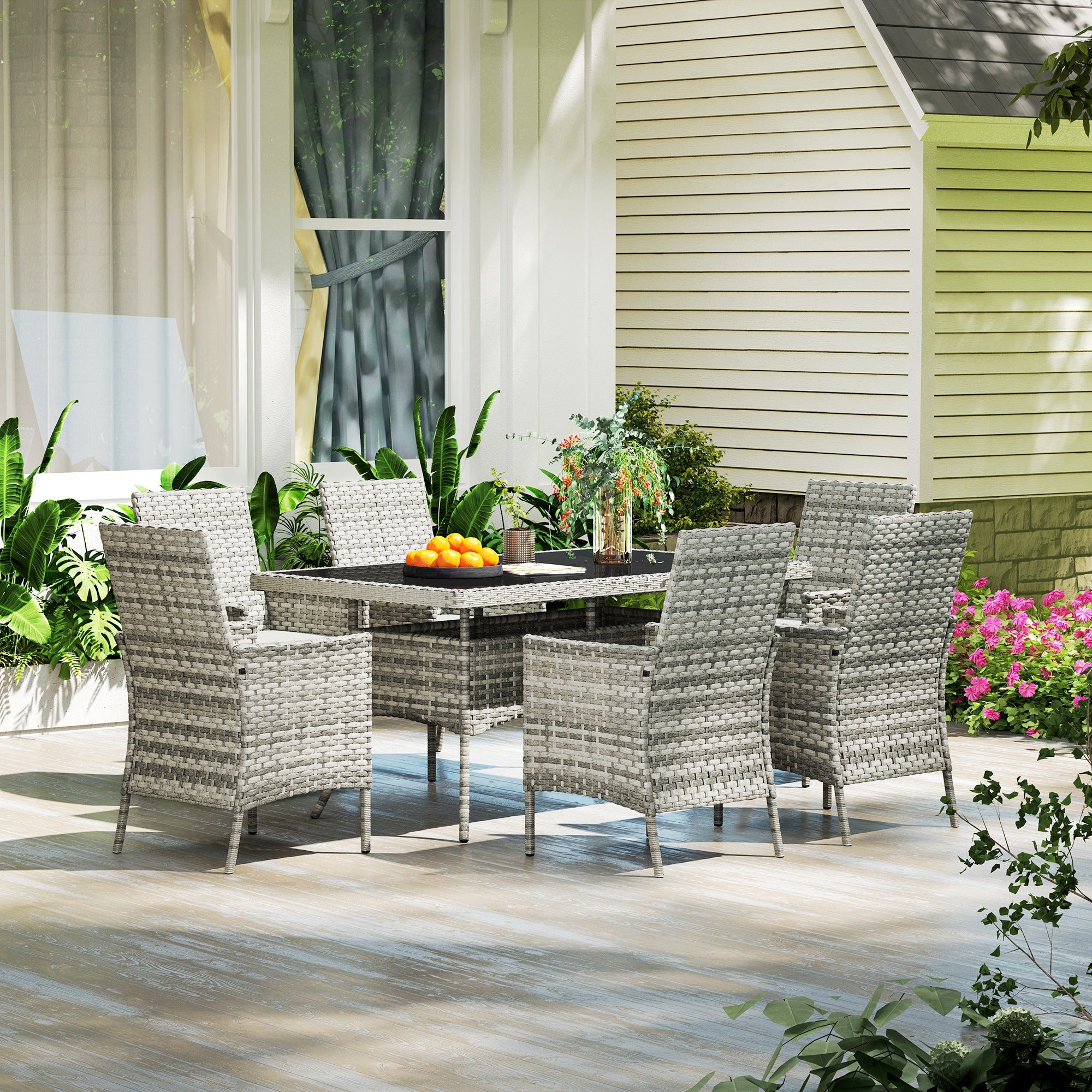 Seven-Piece Rattan Dining Set - Mixed-Grey