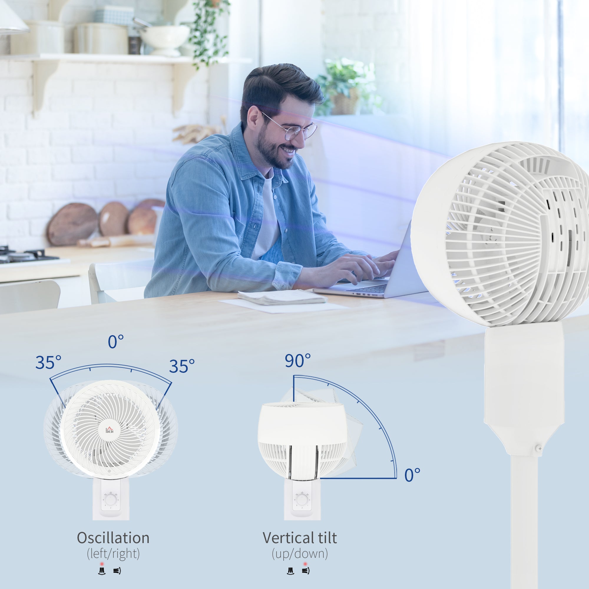 9'' Air Circulator Fan with 3 Speeds, 70° Oscillation & 90° Tilt, Carry Handle - White