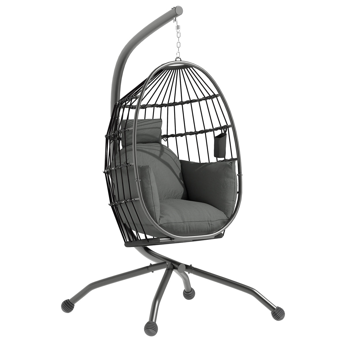 Hanging Egg Swing Chair with Folding Basket, Cushion, Headrest & Cup Holder for Indoor Outdoor Patio Garden - Dark Grey