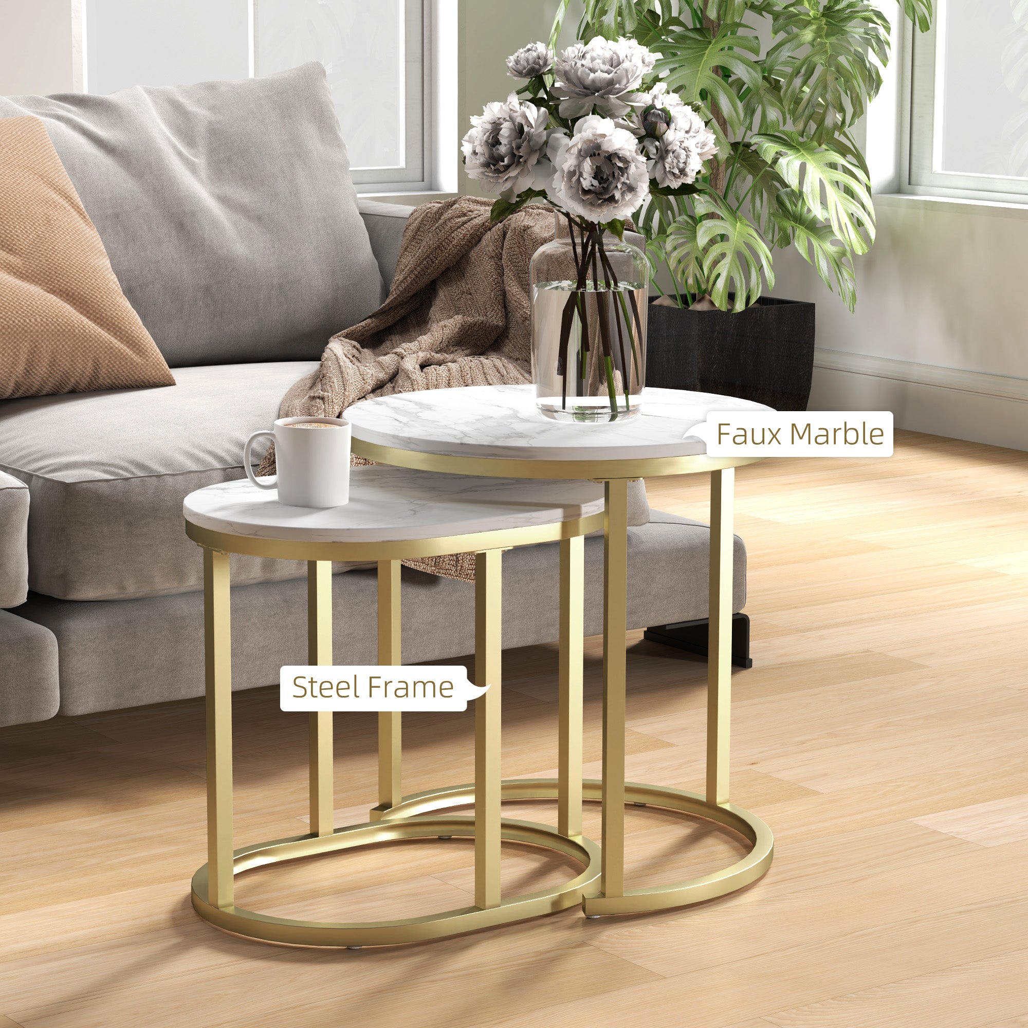 Marble-Effect Nest of 2 Tables with Gold Tone Frame - White