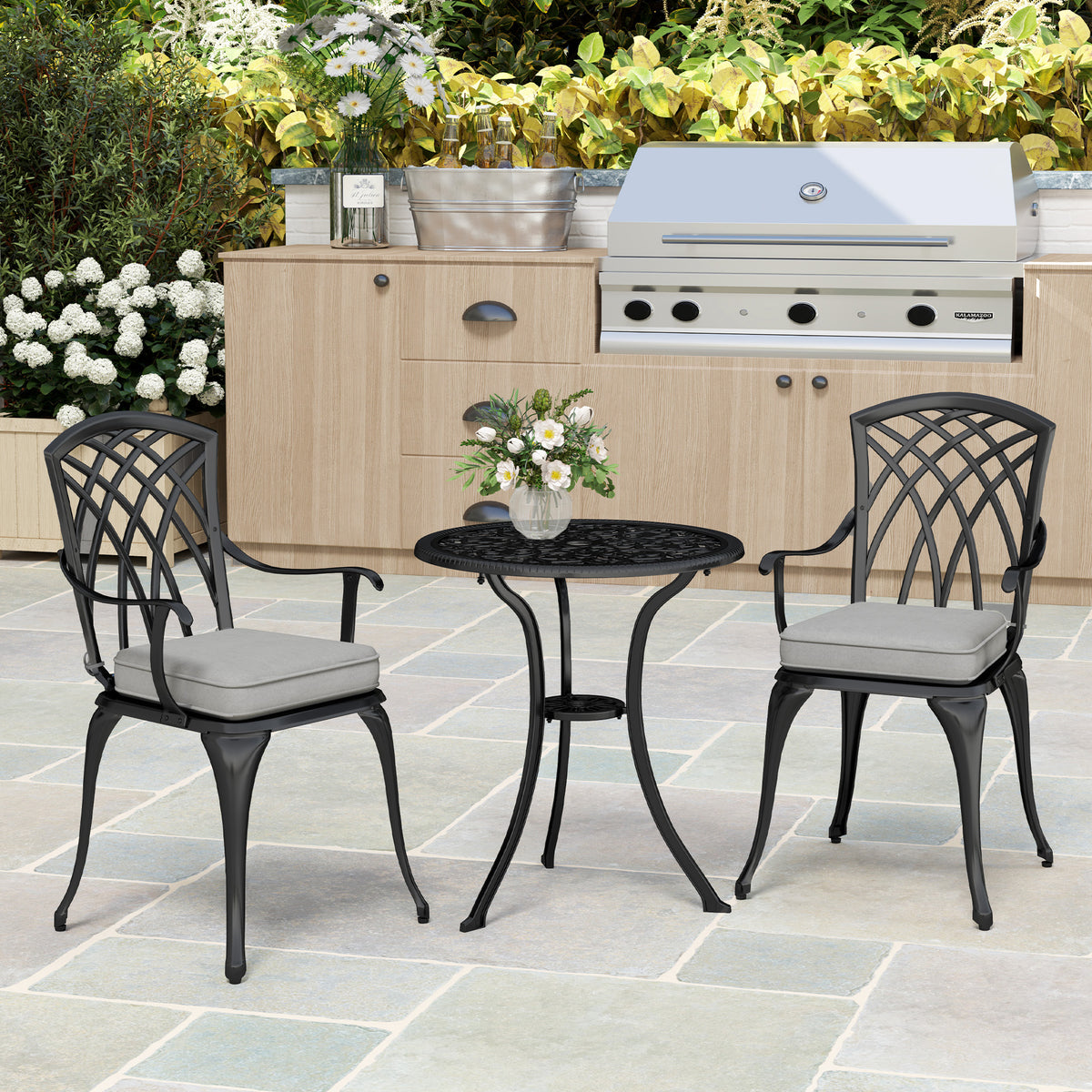 Three-Piece Cast Aluminium Bistro Set with Cushions and Parasol Hole - Black