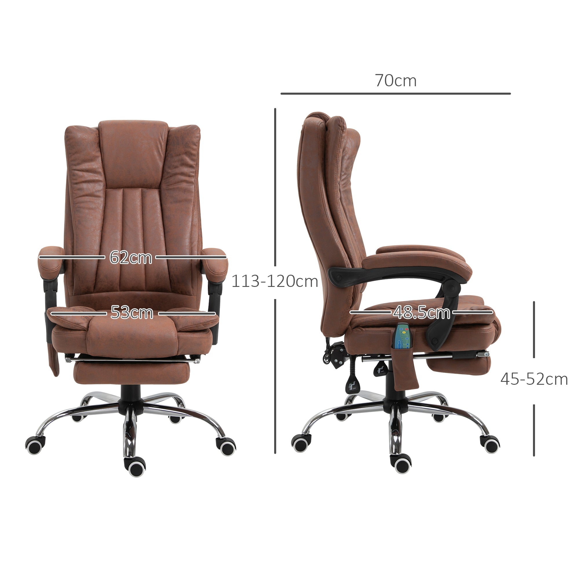 Office Chair with Massage and Heat, Microfibre Reclining Computer Desk Chair with Footrest and Adjustable Height, Swivel Wheels for Home Office, Brown