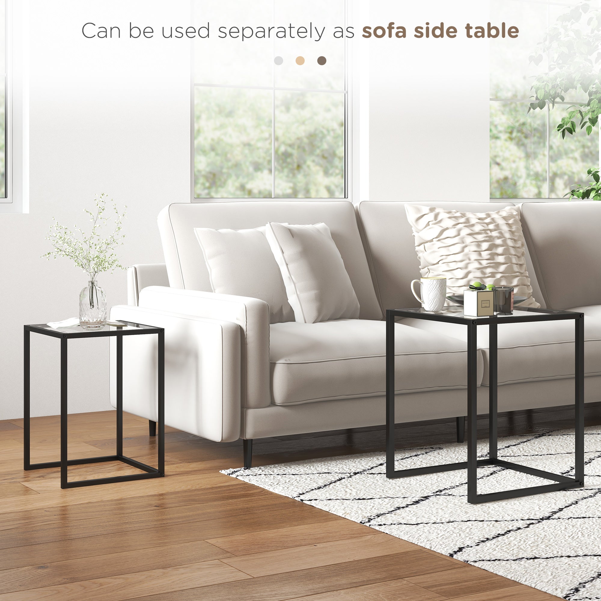 Nesting Tables Set of 2 with Tempered Glass Top and Steel Frame - Black