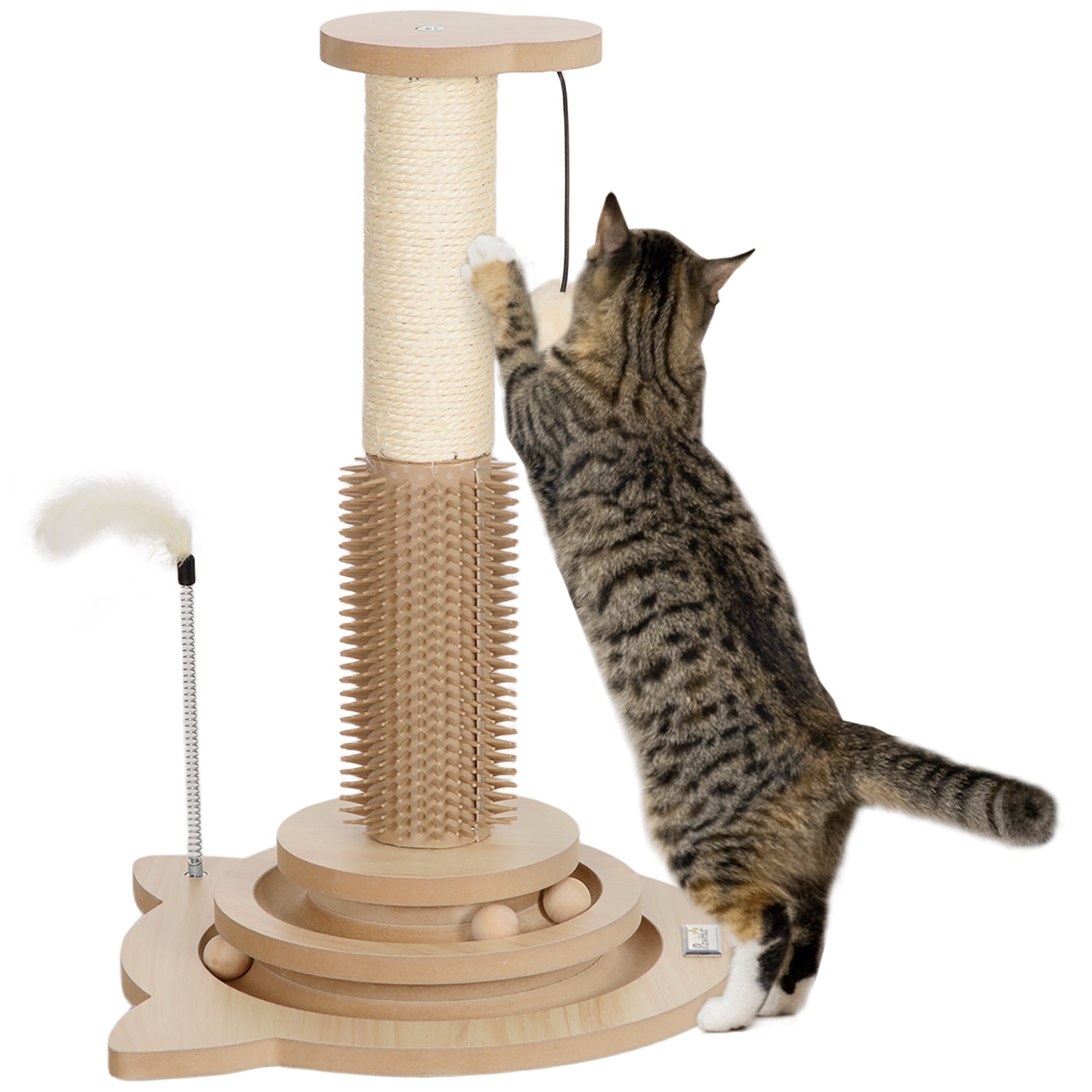 49cm 5 in 1 Cat Scratching Post with Sisal Post, Track Ball, Self Grooming Brush, Hanging Toy Ball, Feather, Oak Tone