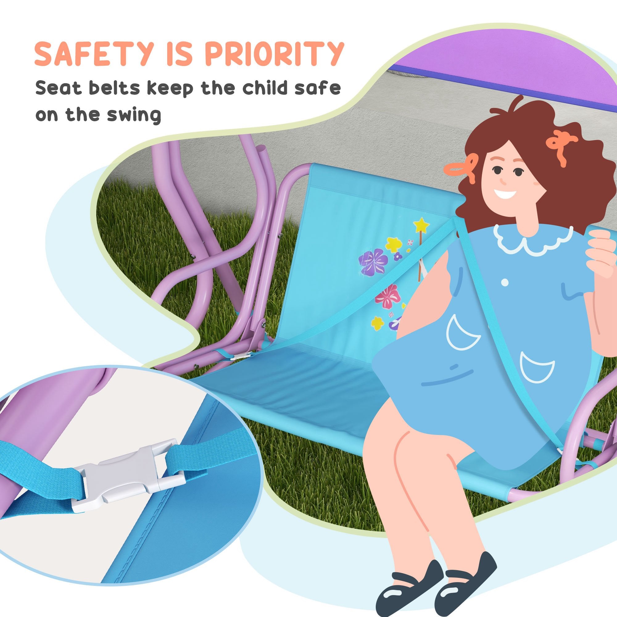 4PCs Kids Garden Furniture Set w/ 2 Seater Garden Swing Chair with Adjustable Canopy, Childrens Table and Chair Set with Parasol, for Toddler Girls 3-6 Years Old