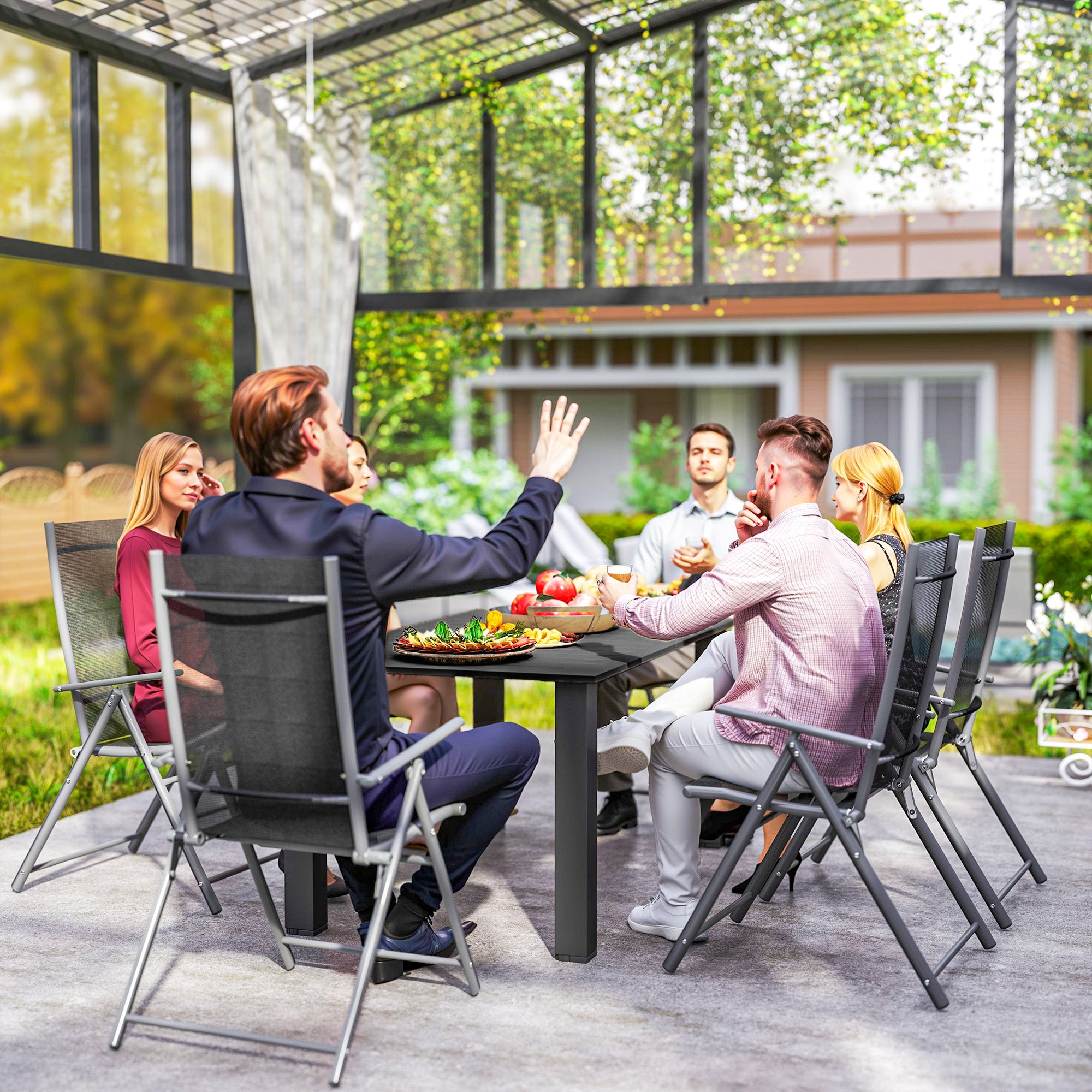 Garden Table with Parasol Hole for 6 Person, Rectangle Outdoor Dining Table with Slatted Metal Tabletop, Steel Frame for Patio, Balcony, 150 x 90 x 73 cm, Black