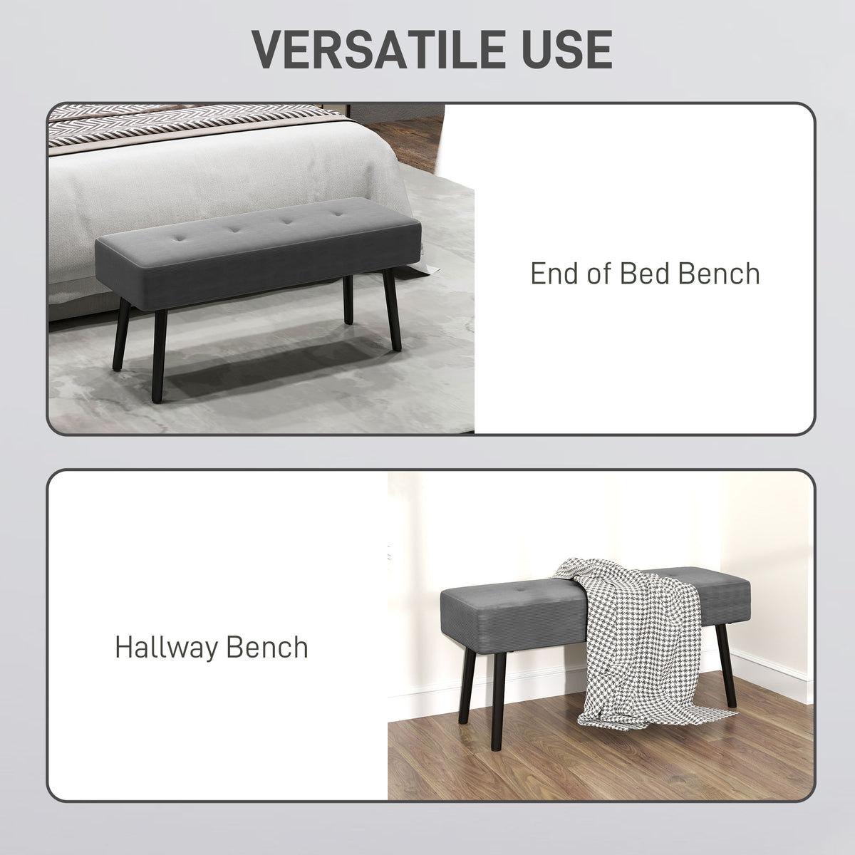 Corduroy End of Bed Bench with Thick Padding and Steel Legs - Grey