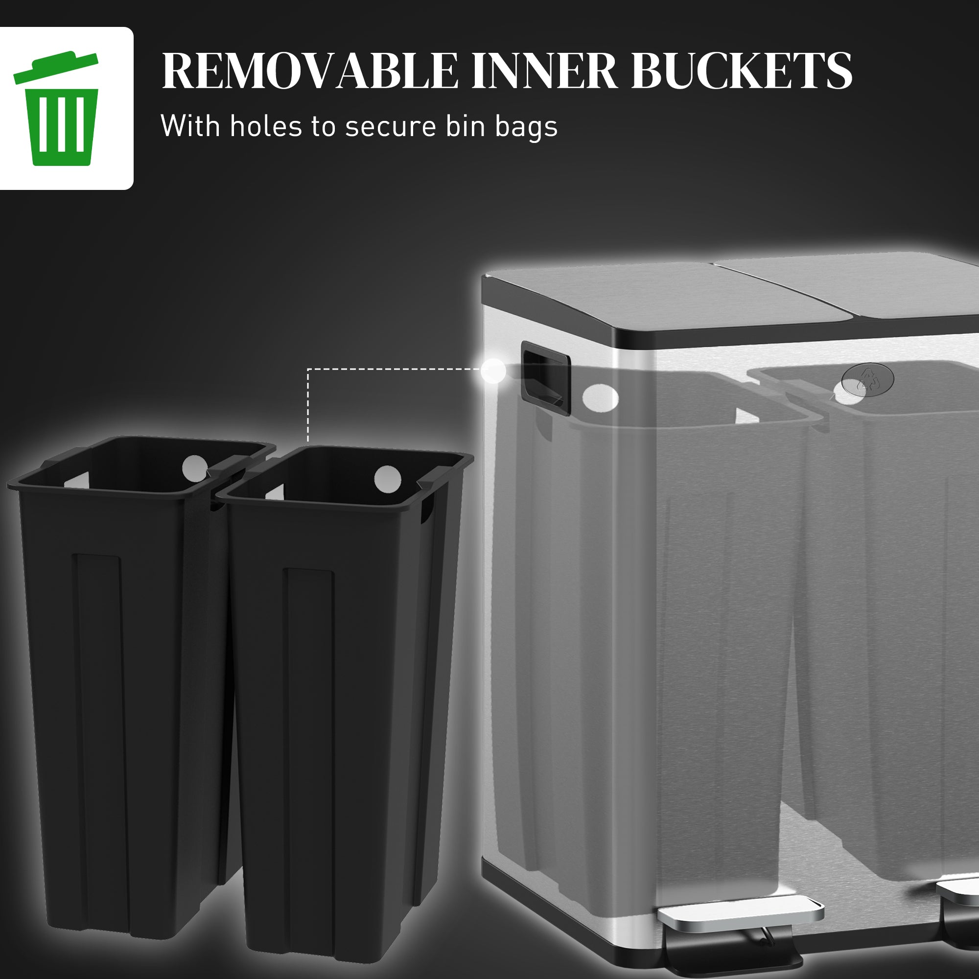 40L Dual Compartment Stainless Steel Bin, with Deodoriser Holders - Silver Tone