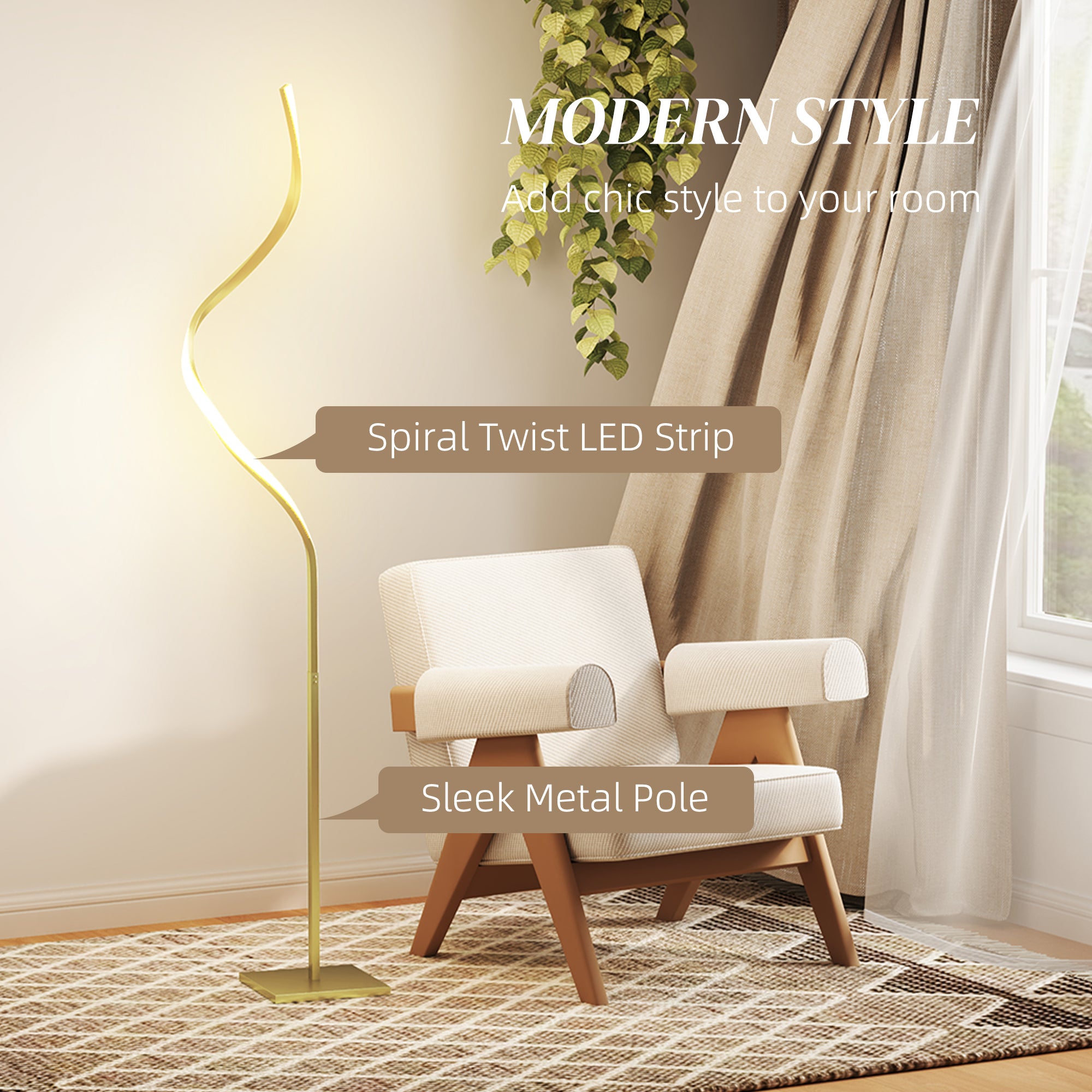 Modern LED Floor Lamp with 3 Brightness Levels and Foot Switch - Gold Tone
