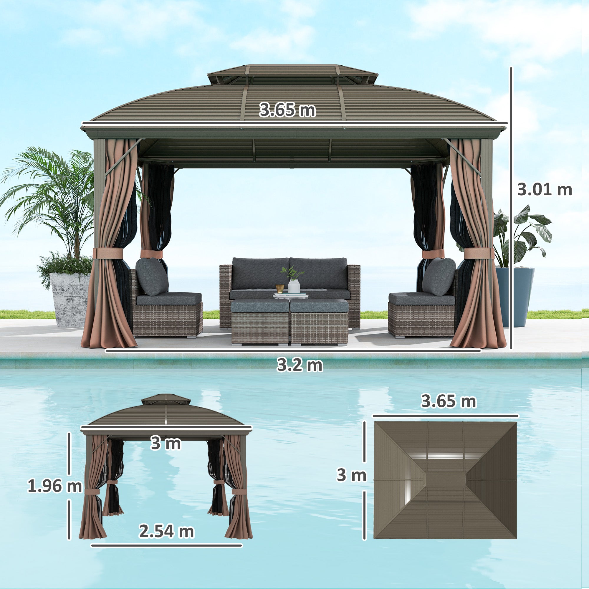 3.65 x 3m Hardtop Steel Gazebo Canopy with Aluminium Frame, Double Roof, Net Sidewalls & Curtains - Coffee