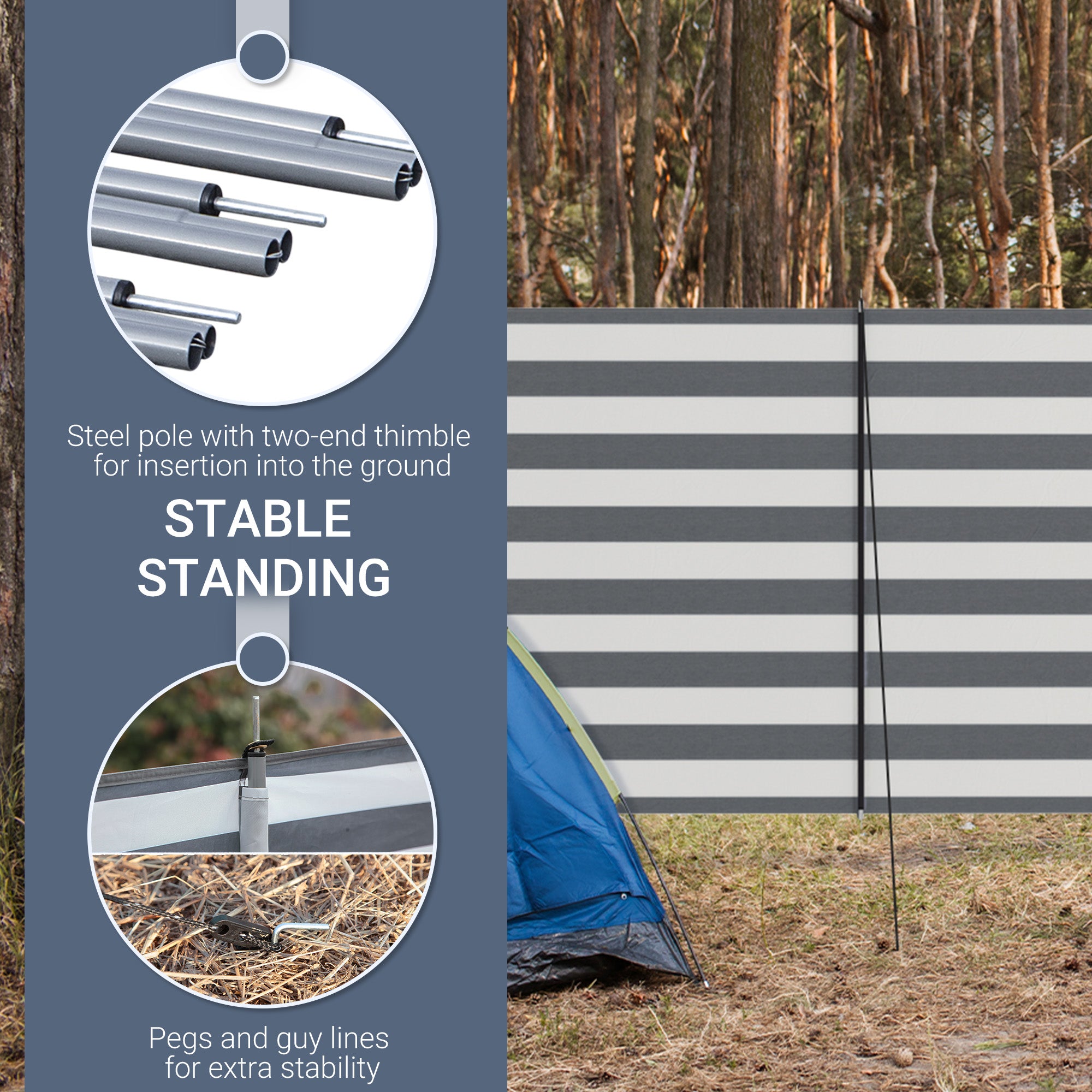 5 Pole Camping Windbreaks, Beach Wind Shield Shelter with Carry Bag and Steel Poles, Outdoor Caravan Privacy Shield, 540cm x 150cm, Grey and White