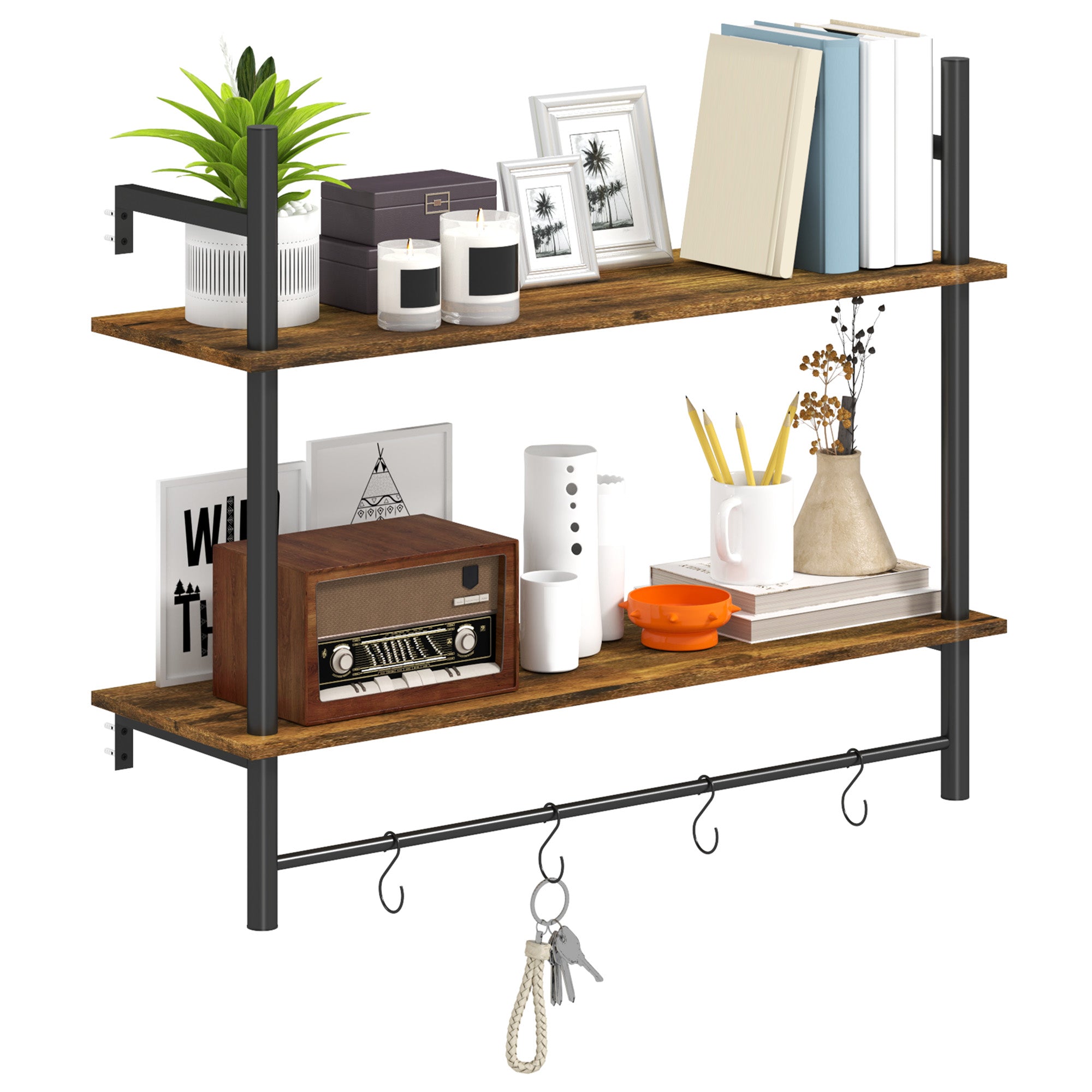 Wall Mounted Floating Shelf Unit with 4 Hooks, Rustic Brown