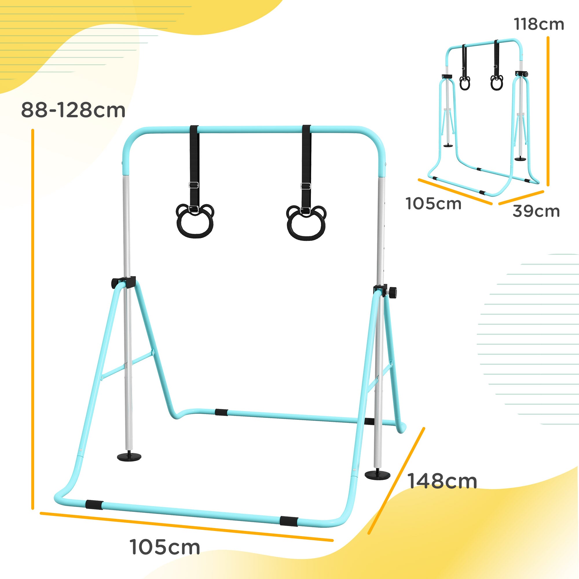 Adjustable Height, Foldable Kids Gymnastics Bar w/ Non-Slip Mats, for 3+ Years, Green