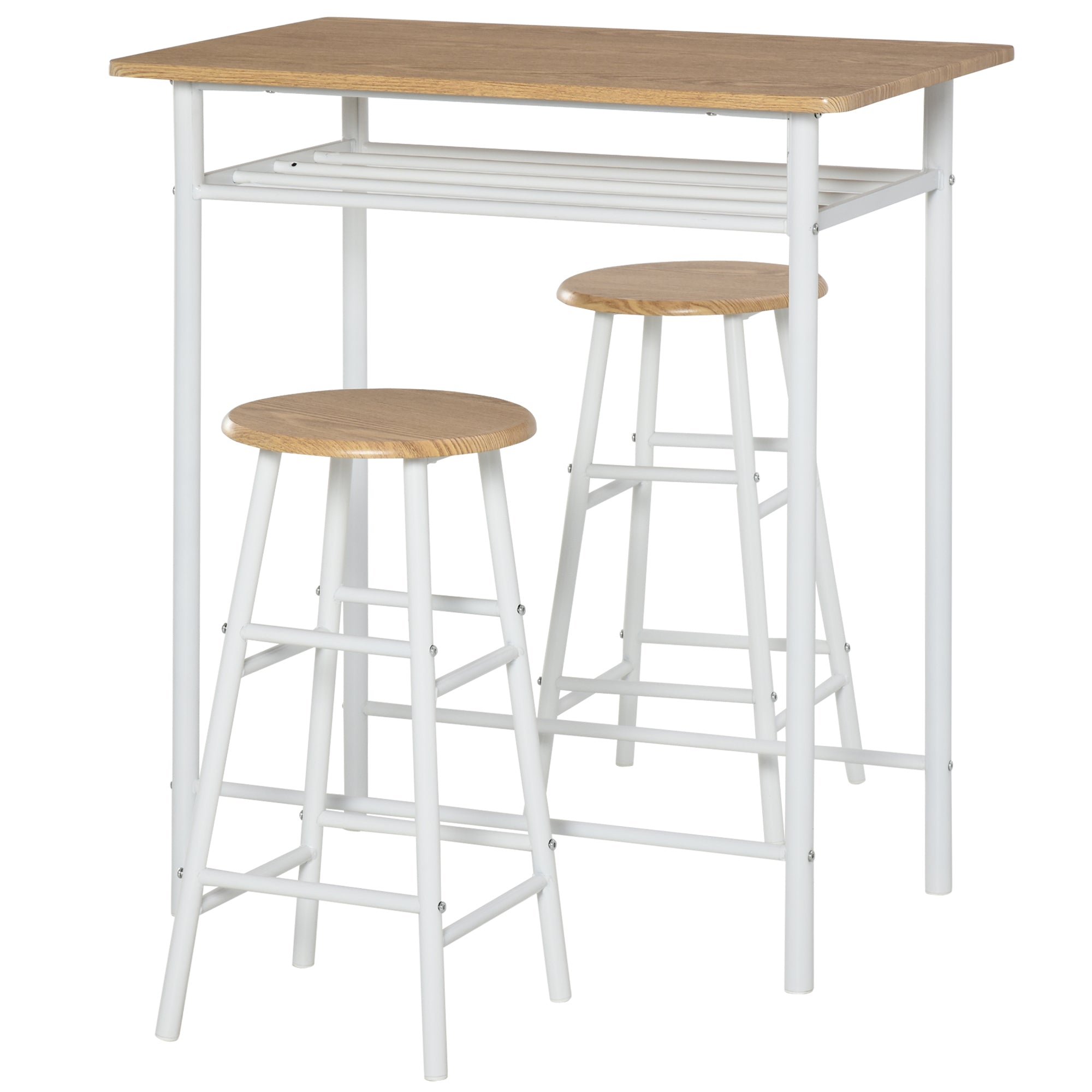 Bar Table Set, Bar Table and Stools Set, Footrest and Storage Shelf, for Kitchen, Dining Room, Pub, Cafe, White and Oak