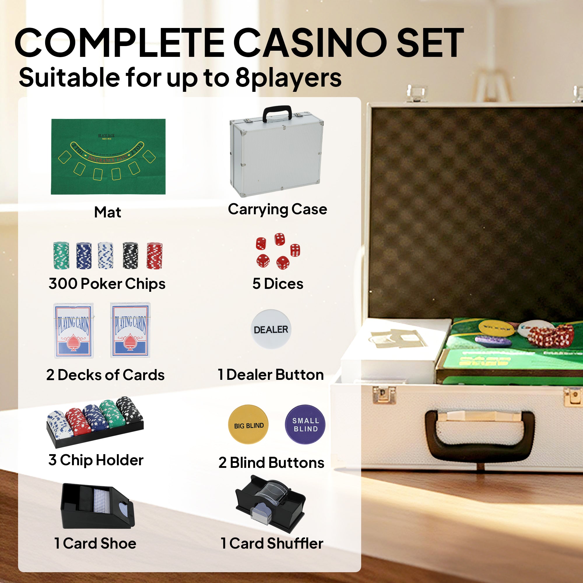 300-Piece Poker Chips Set with Card Shuffler, Card Shoe, Case, Casino Texas Holdem Poker Set with Mat, Silver Tone