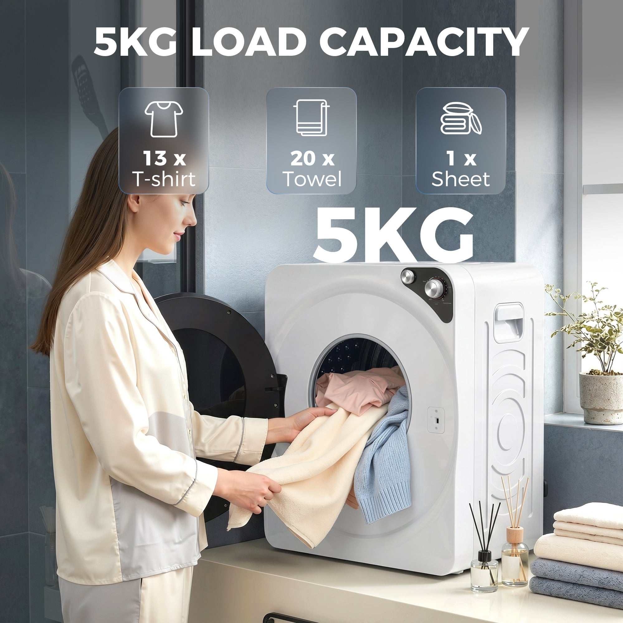 5kg Vented Tumble Dryer, 1000W Compact Tumble Dryer with 5 Drying Modes, Stainless Steel Tub, White