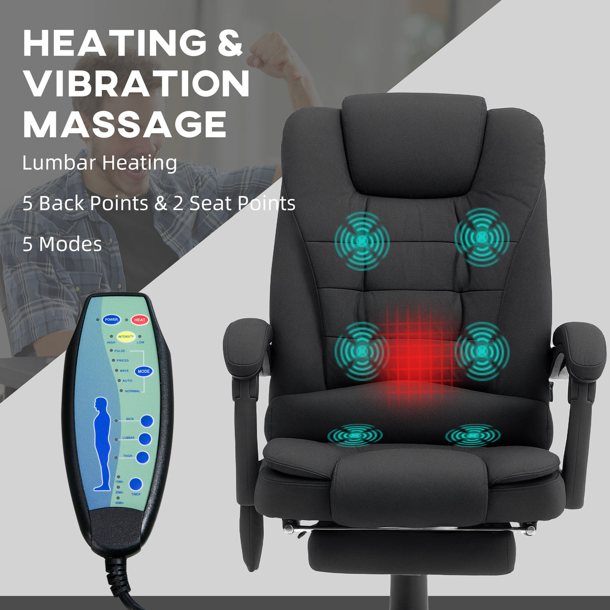 Heated 6-Point Vibration Massage Executive Ergonomic Office Chair with Recliner & Footrest - Black