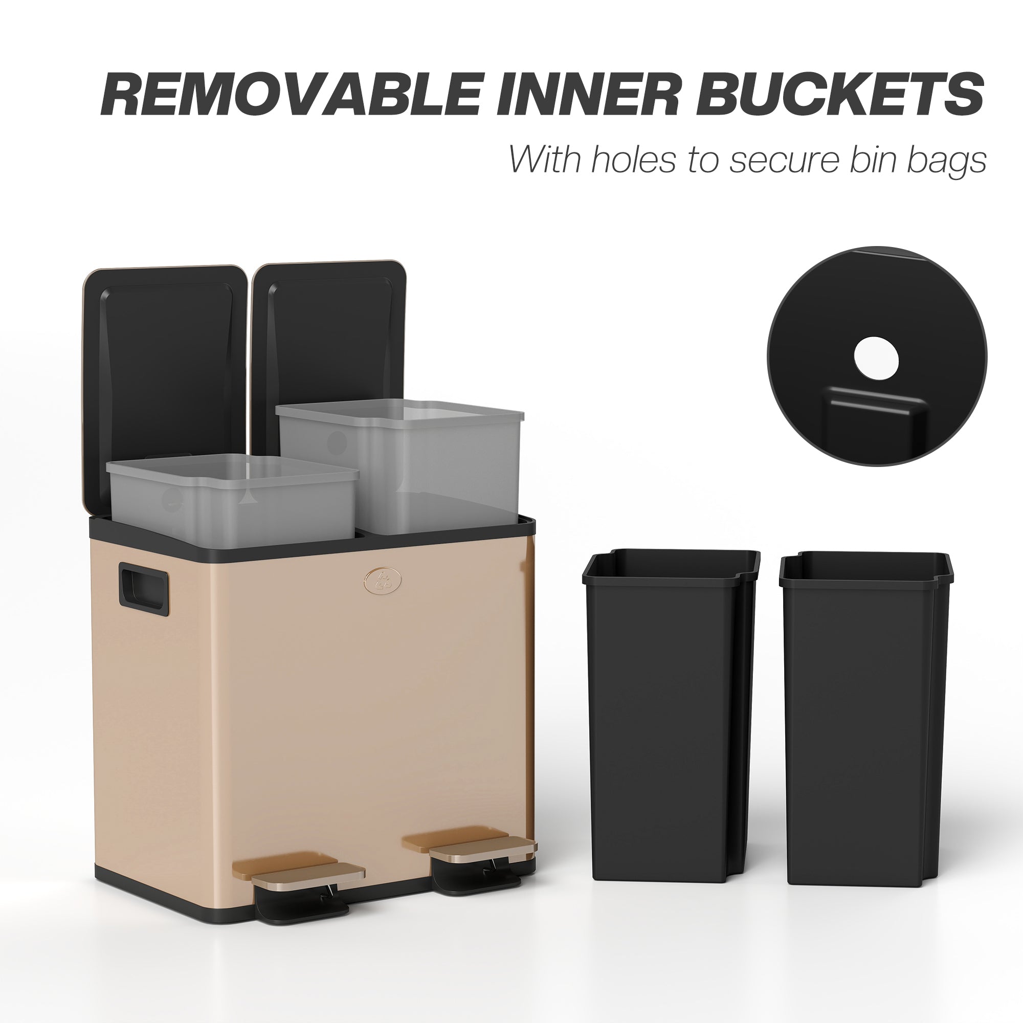 30L Dual Compartment Stainless Steel Bin, with Deodoriser Holders - Gold Tone