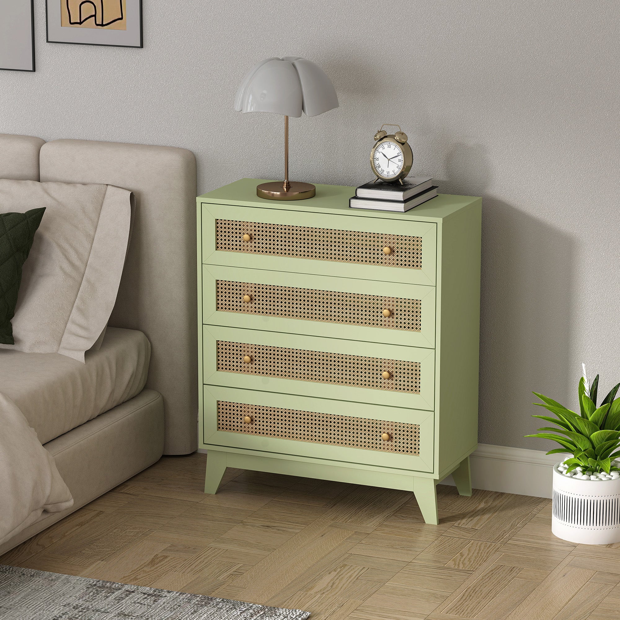 Rattan Chest of Drawers, 4 Drawer Storage Unit with Tapered Legs, Bedroom Storage Organiser Dresser for Bedside, Entryway, Hallway, Living Room, Light Green
