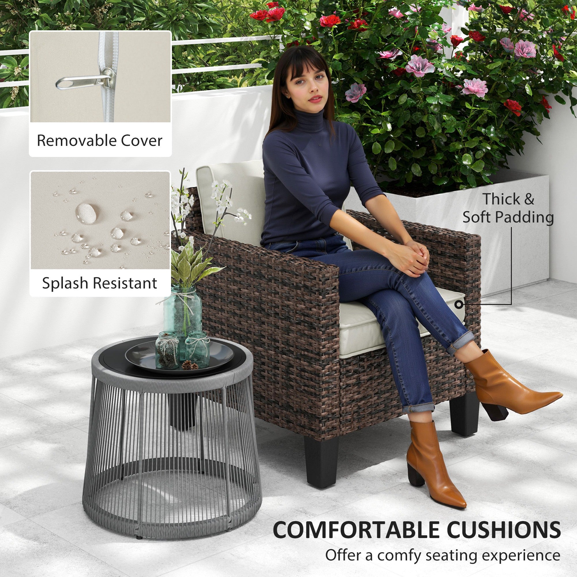 Single Rattan Armchair, with Cushions - Brown