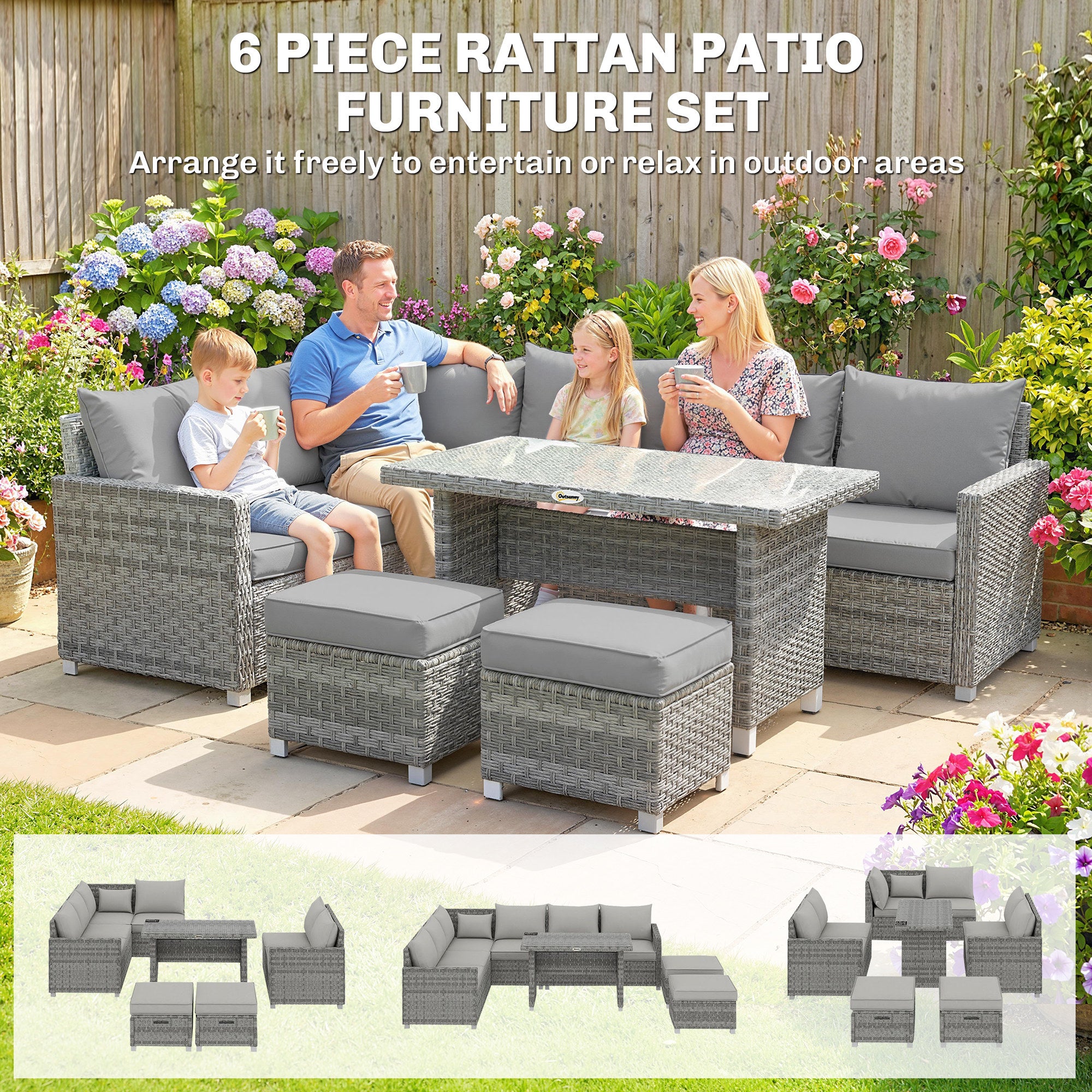 6 Seater Rattan Garden Furniture Set with 3 Sofas, 2 Footstools, Table, Patio Rattan Furniture Sofa Sets, Grey