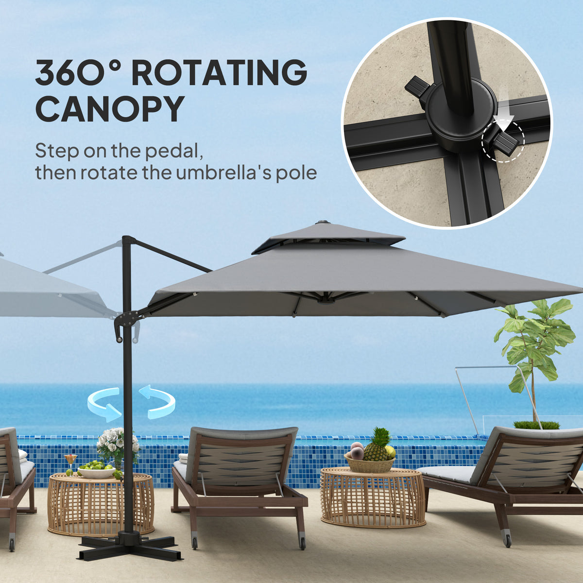 3 x 3m Cantilever Parasol with Aluminium Frame, Crank, Tilt & 360° Rotation, Double Top Garden Umbrella with Base and Cover - Light Grey