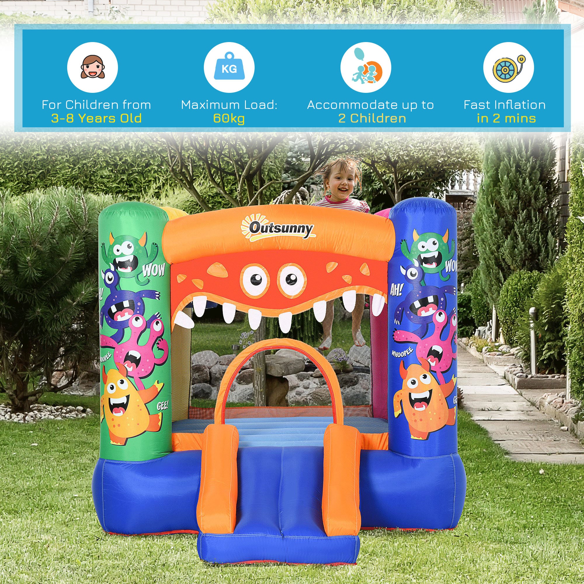 Bouncy Castle Inflatable Basket Trampoline Slide Monster Design 180 x 250 x 175 (CM)