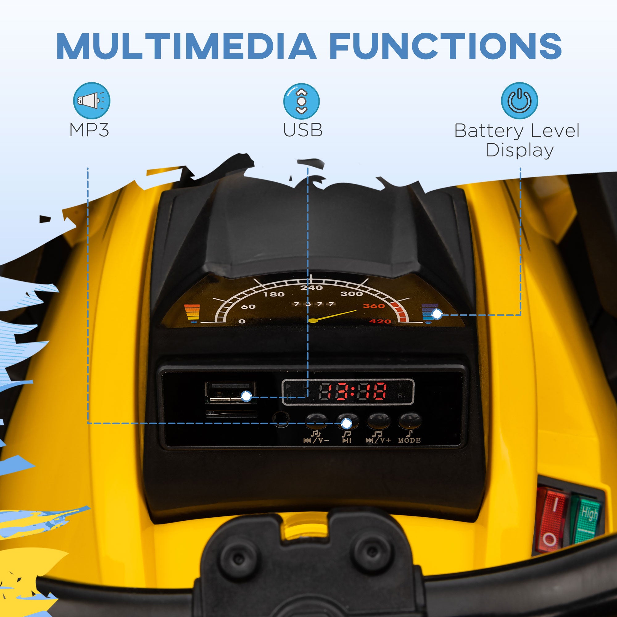 12V Quad Bike ATV with LED Lights, Music, Backrest, Forward, Backward, Yellow