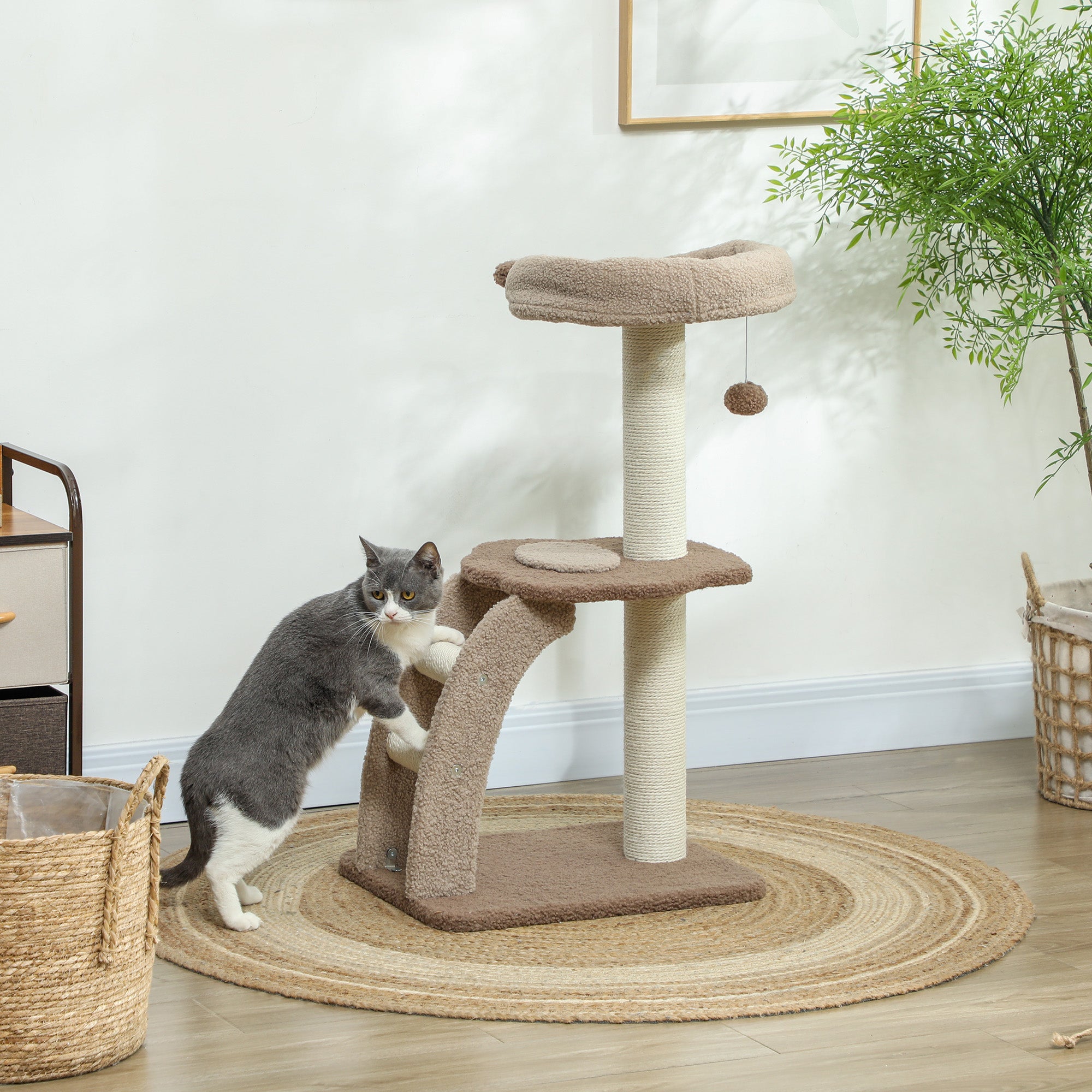 Cat Tee for Indoor Cats, 88cm Cat Tower with Sisal Scratching Post, Hanging Ball, Large Cat Perch, Stairs, Brown