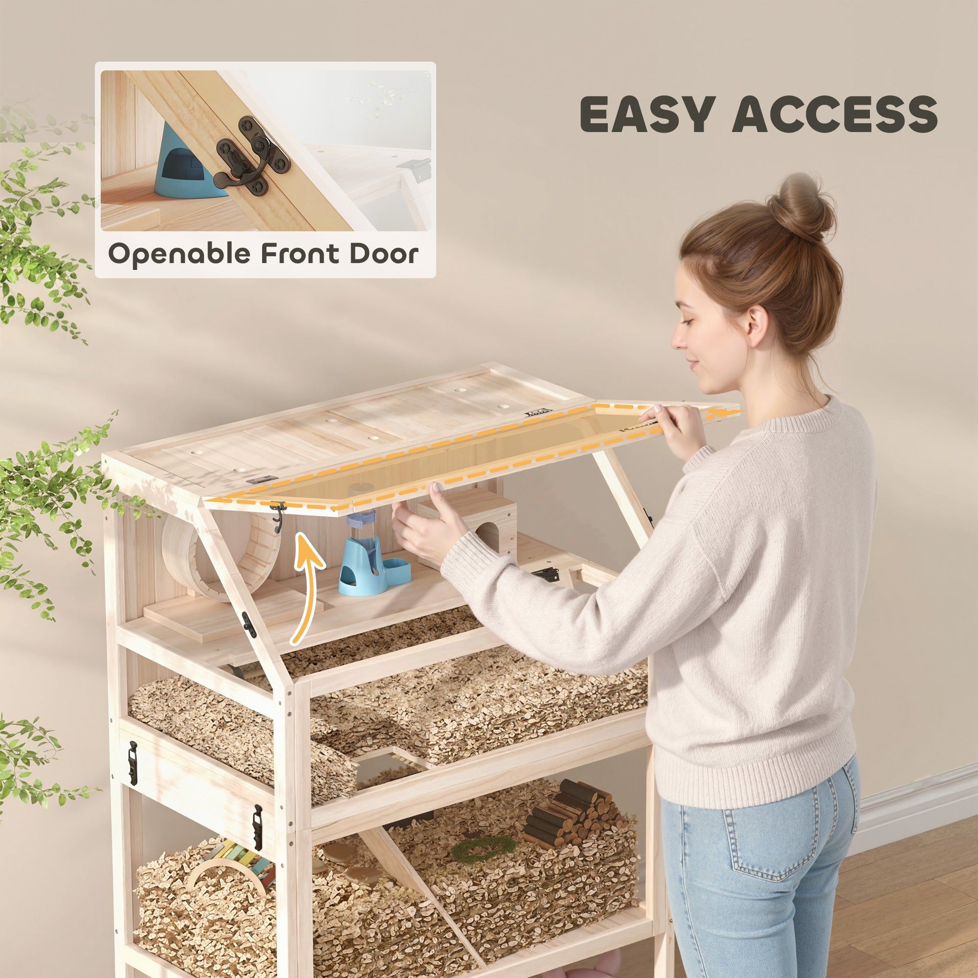 Wooden Hamster Cage with Detachable Lower Floor, Storage Shelf, Hut, Seesaw, Exercise Wheel, Ramps for Hamster