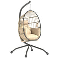 Hanging Egg Swing Chair with Folding Basket, Thick Cushion, Headrest & Cup Holder for Indoor Outdoor Patio Balcony - Khaki