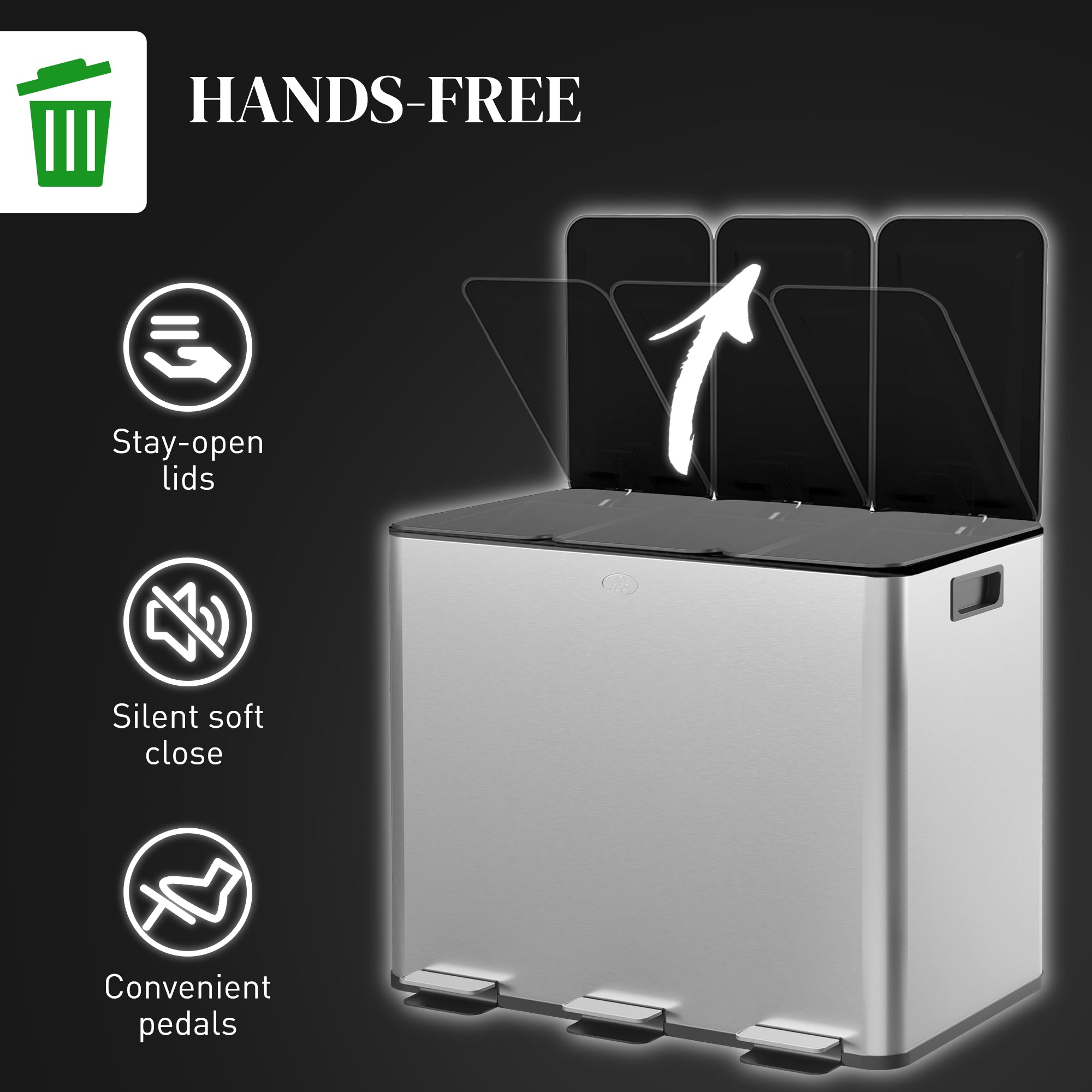 3 x 20L Pedal Bin, Steel Triple Kitchen Bin with Soft Close Lid, Removable Inner Buckets, Fingerprint-Proof, Silver Tone