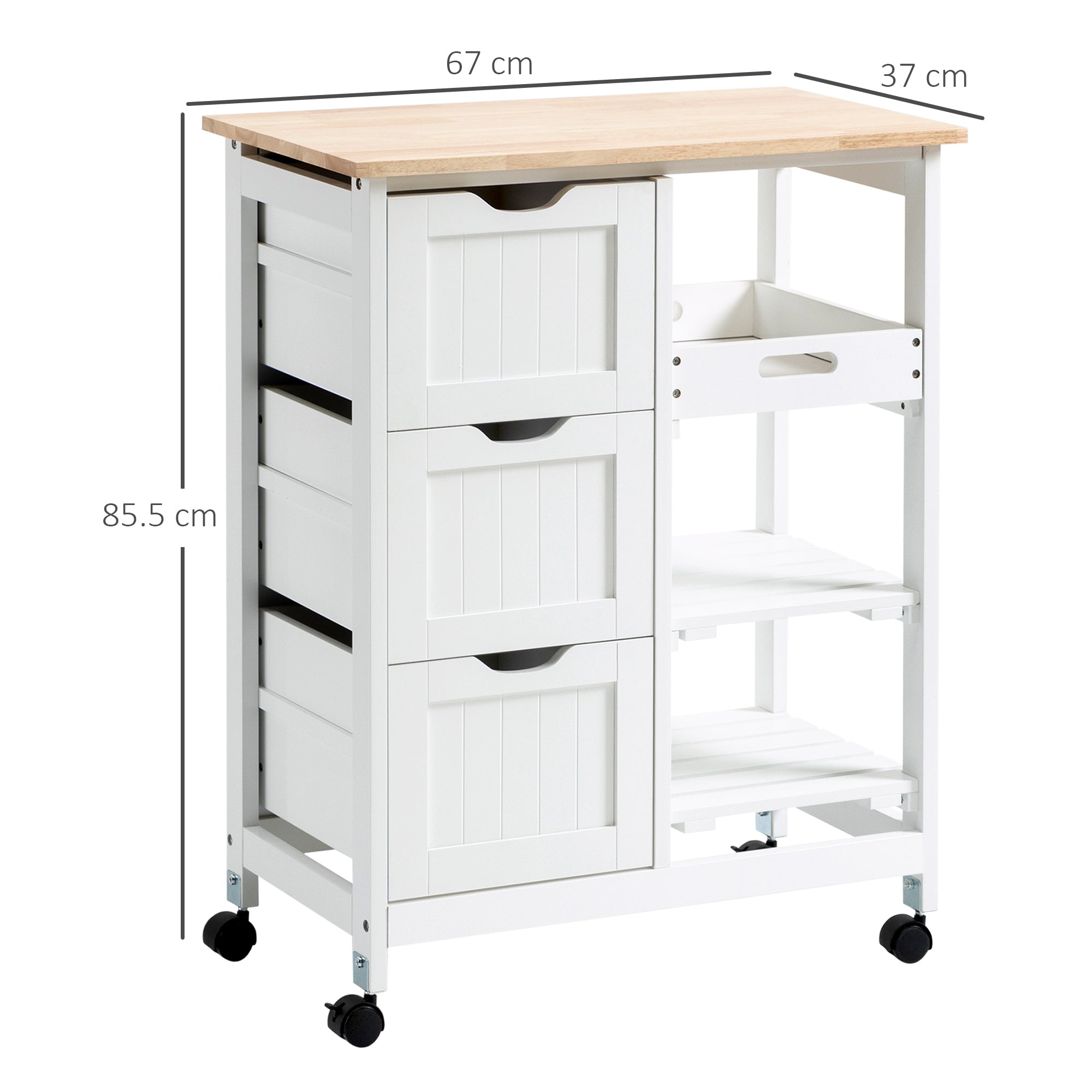 Rolling Kitchen Island Cart, Bar Serving Cart, Compact Trolley on Wheels with Wood Top, Shelves & Drawers for Home Dining Area, White