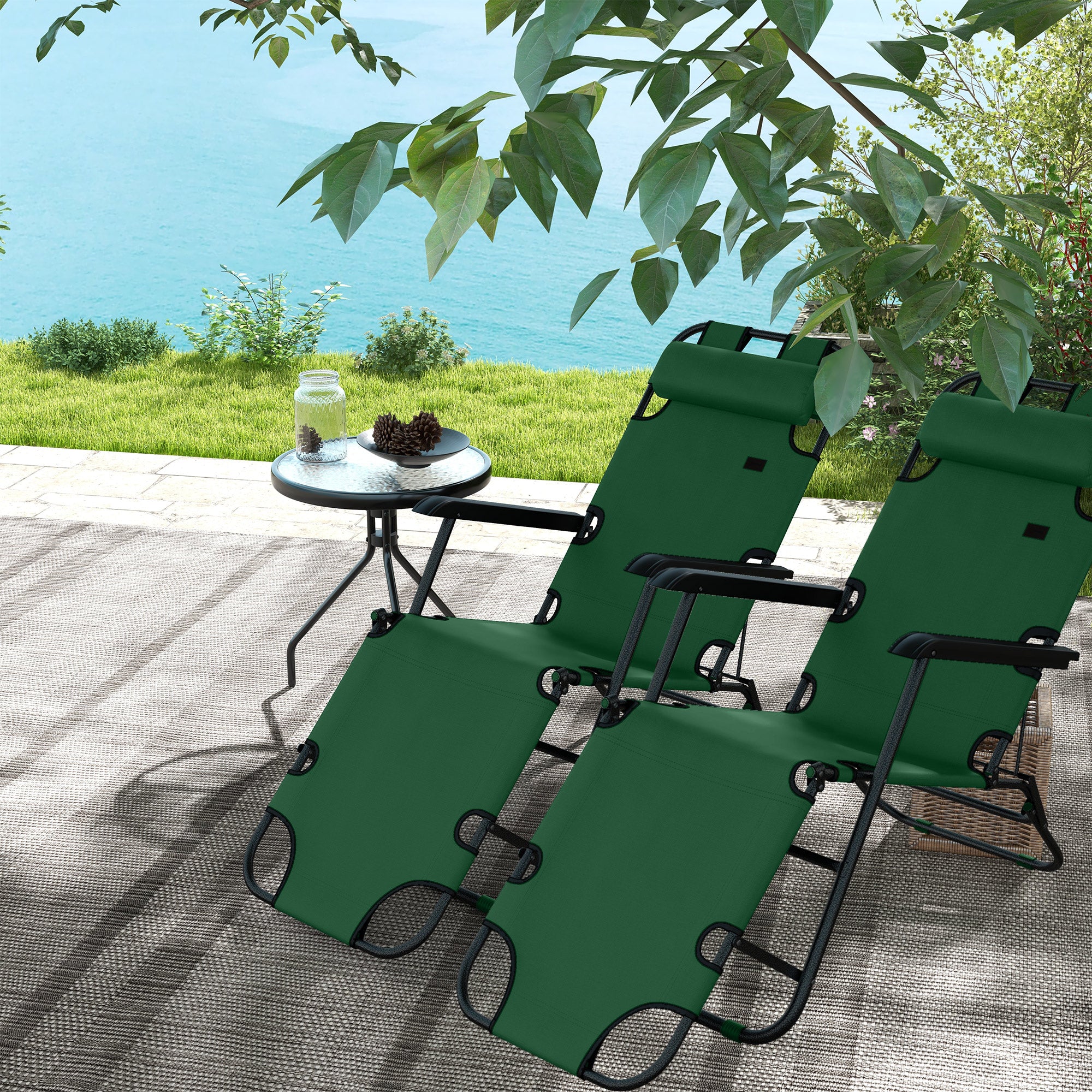 2 Pack 2 in 1 Sun Lounger Folding Reclining Chairs Garden Outdoor Camping Adjustable Back with Pillow, Green