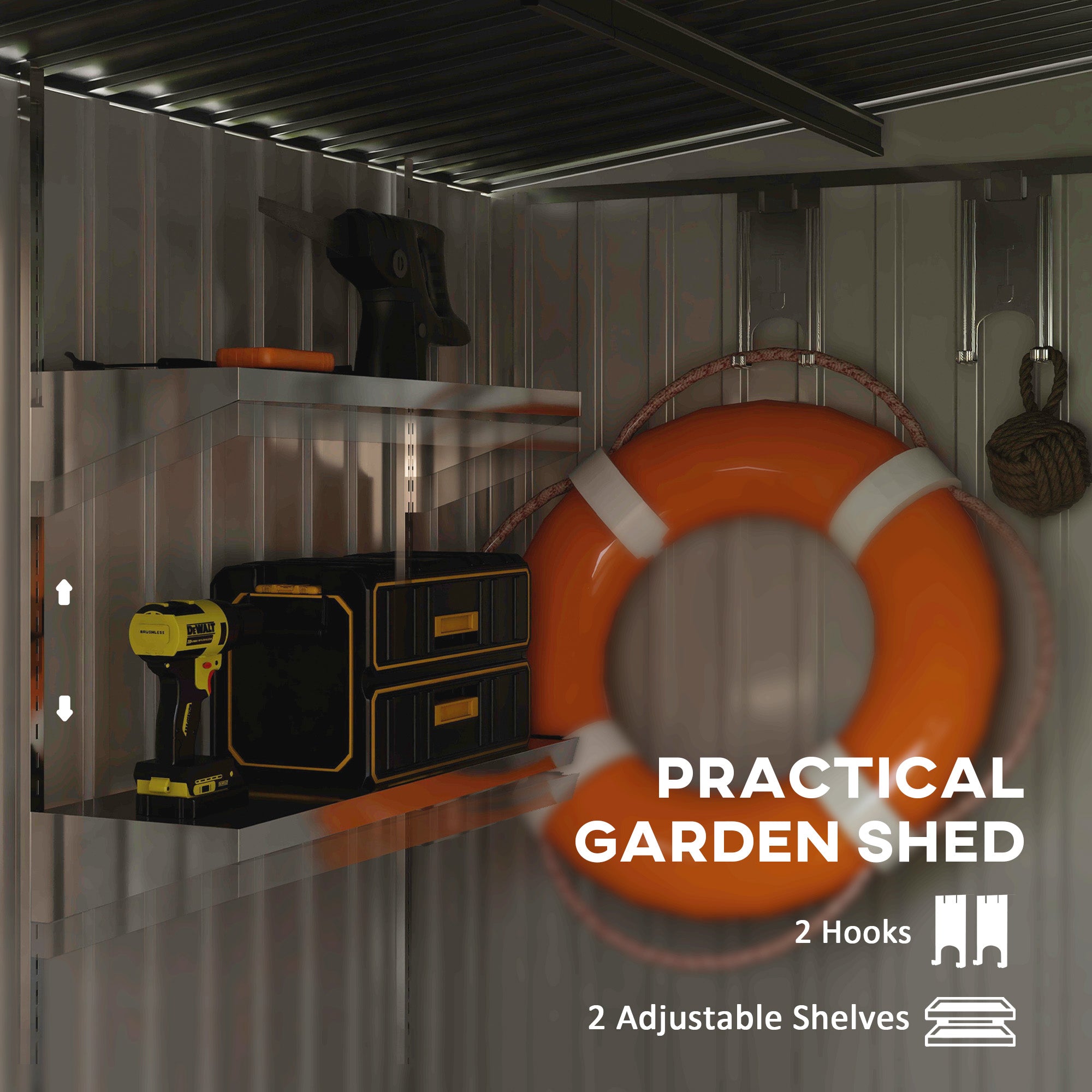 7 x 5ft Galvanised Metal Shed with Sliding Door and Ventilation - Green