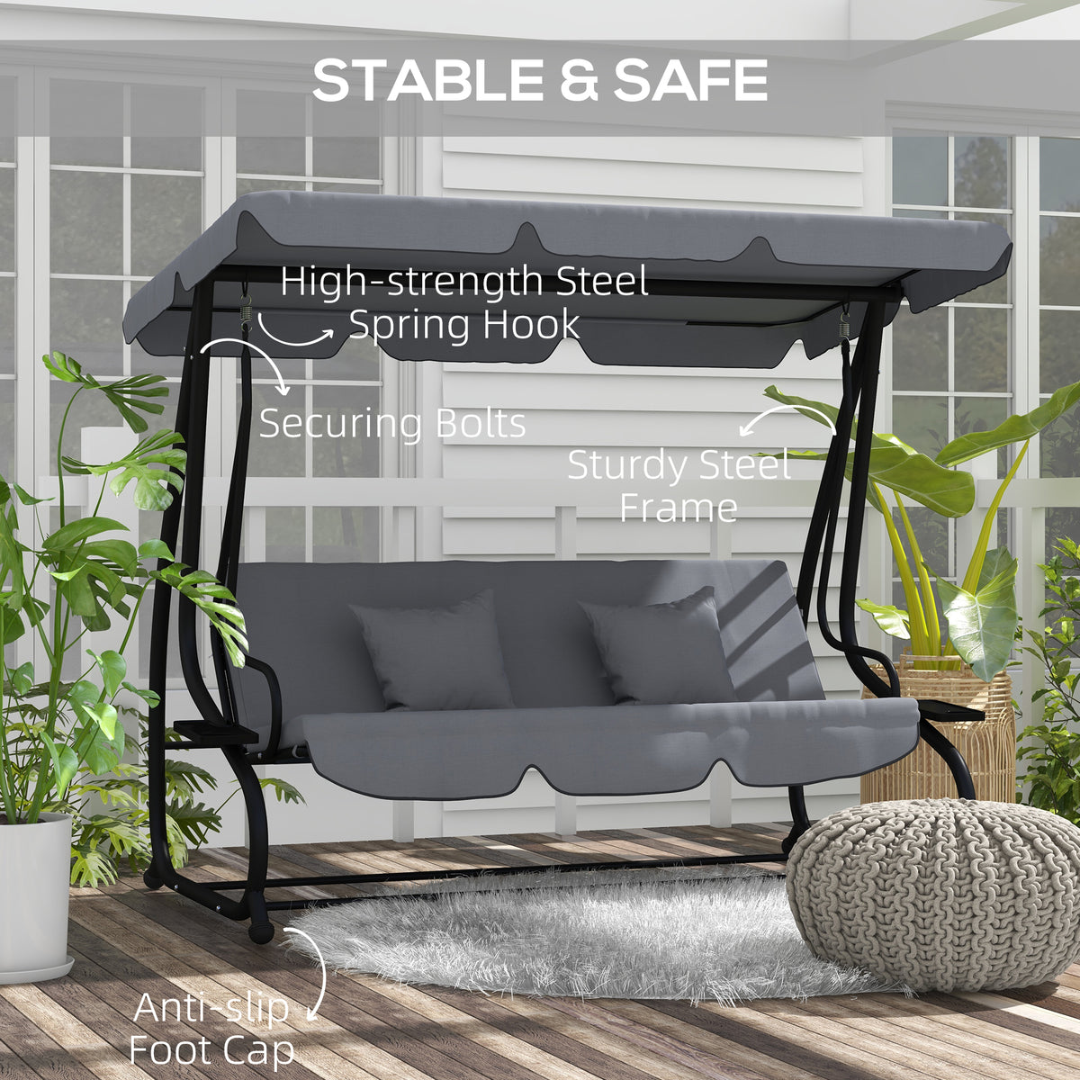 Three-Person garden Swing Chair, with Adjustable Canopy - Dark Grey