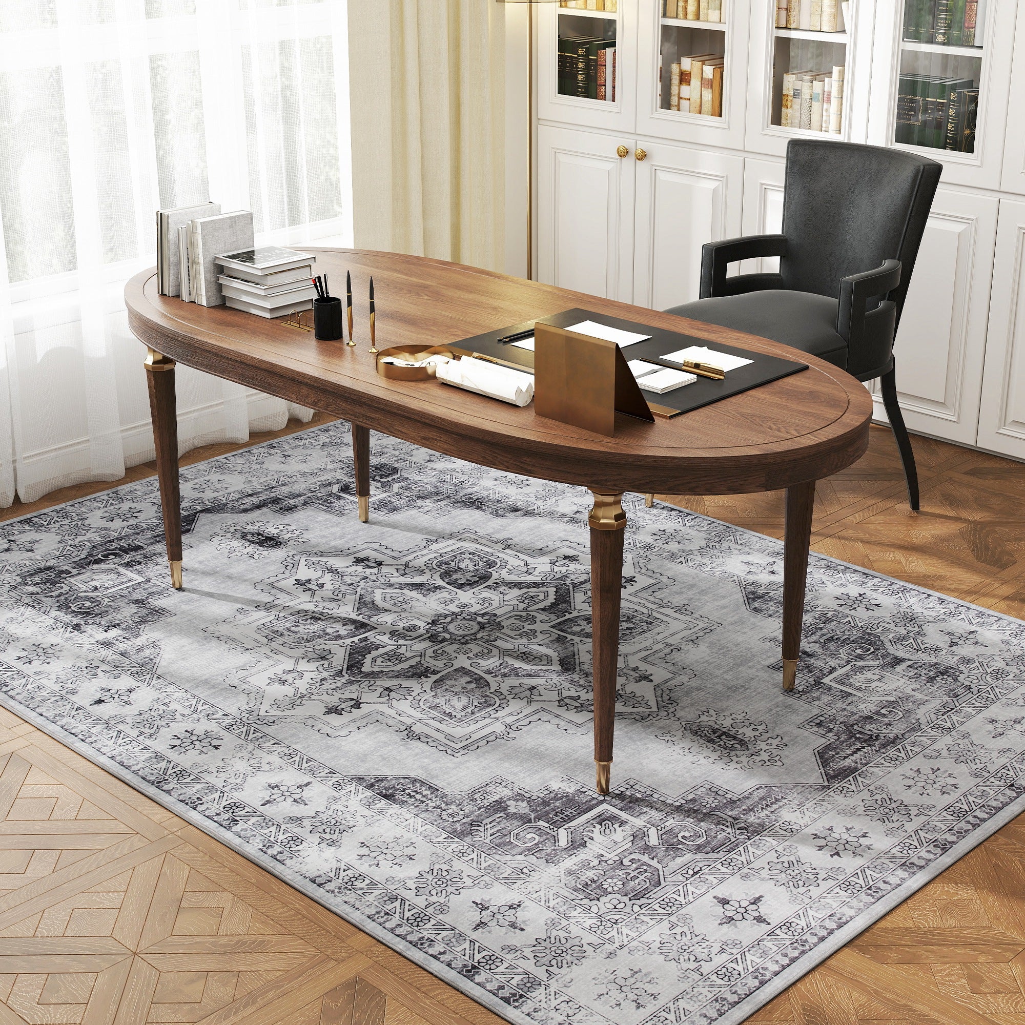 Vintage Area Rug, Non-Slip Washable Rug, Flannel Floor Carpet for Living Room, Bedroom, Dining Room, Home Office, 230 x 160 cm, Grey